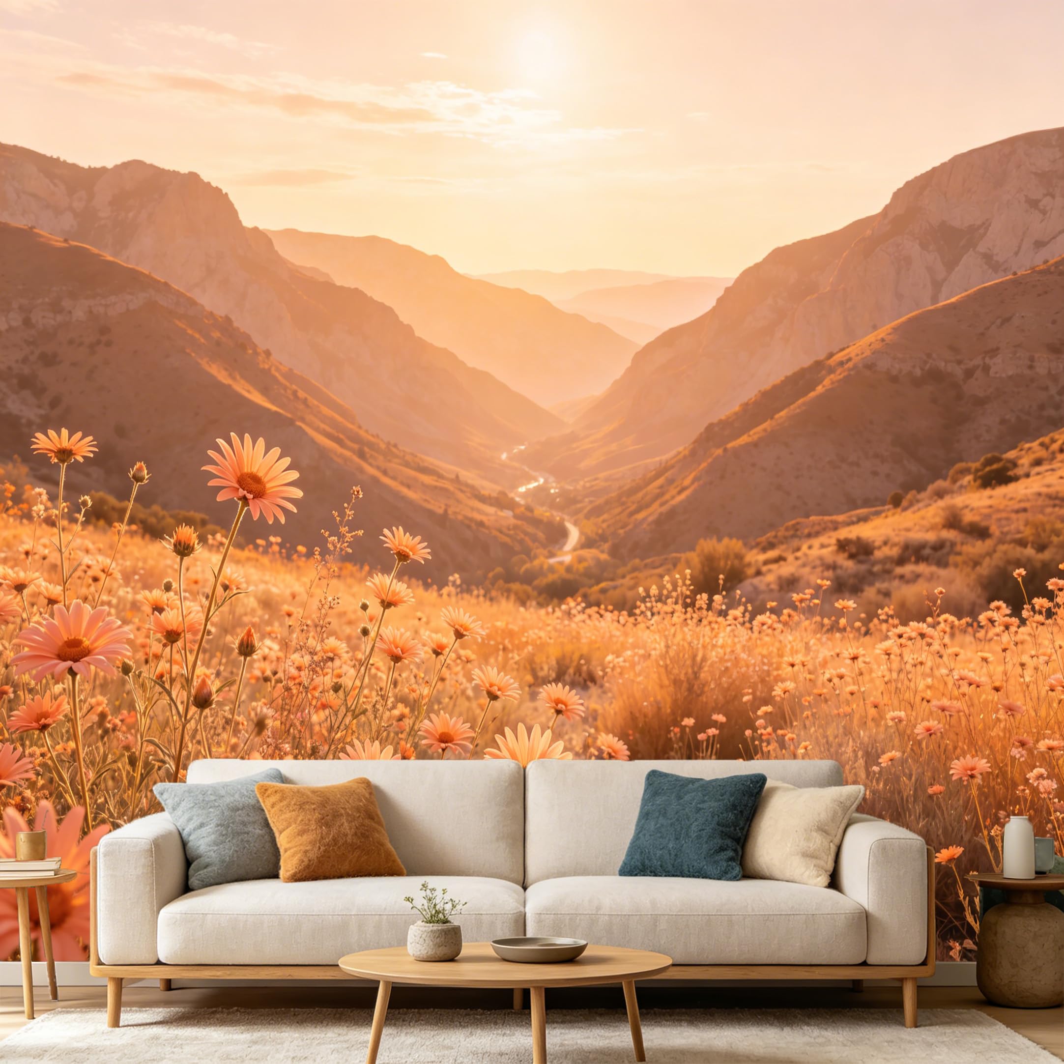 Custom Size Wall Mural Sunset Mountain Valley Meadow Wildflower Landscape SelfAdhesive Art Prints wall Fabric（No PVC） Removable Wallpaper Home Bedroom Decor