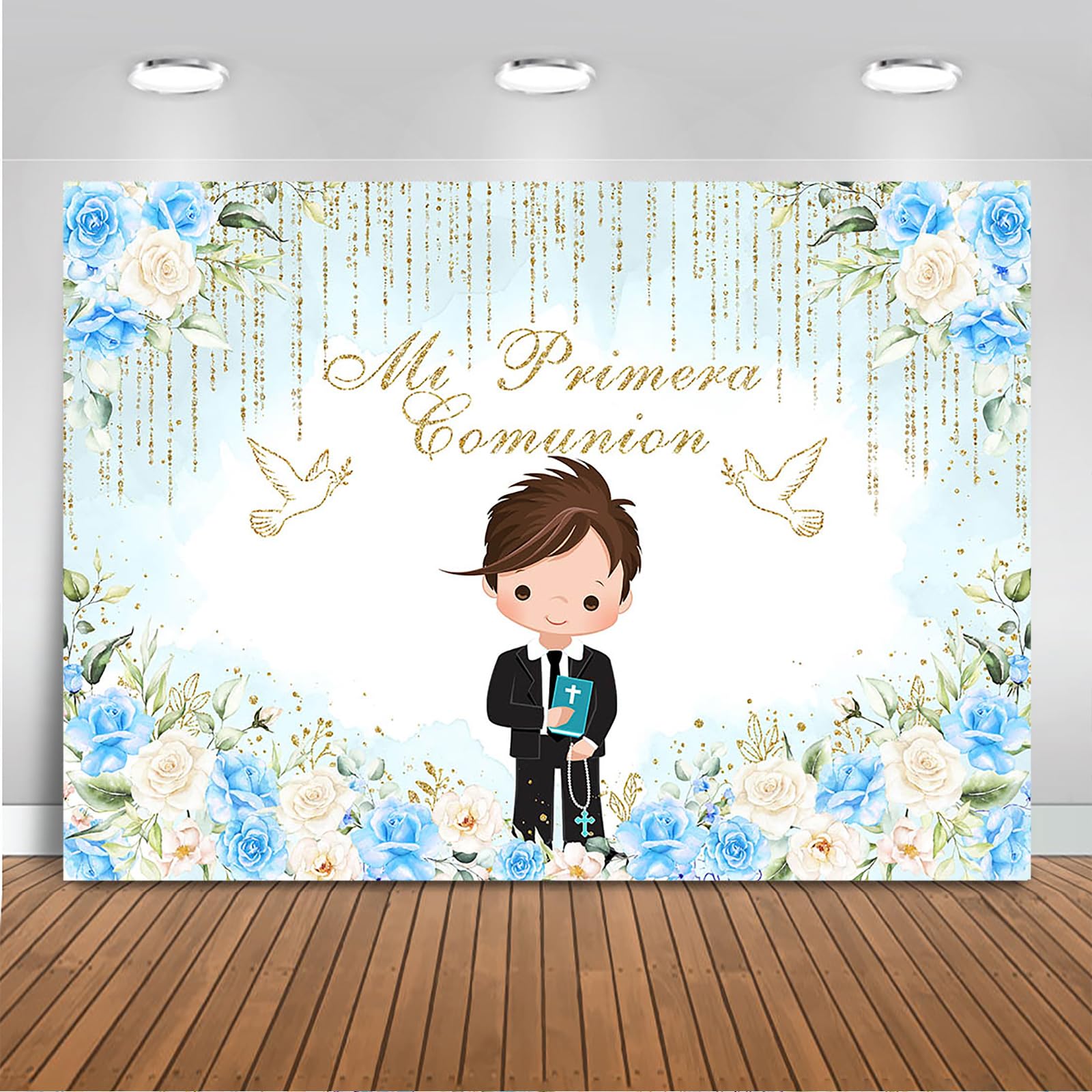 Mocsicka Mi Primera Communion Backdrop for Boy Kids Blue Flowers Baptism Photography Background God Bless Christening Party Decoration Banner Photo