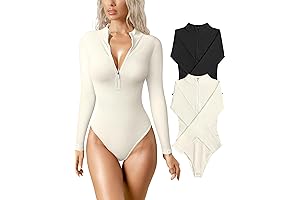 Women's 2 Piece Bodysuits: Sexy Ribbed One Piece Jumpsuit with Zip Front Long Sleeve Tops