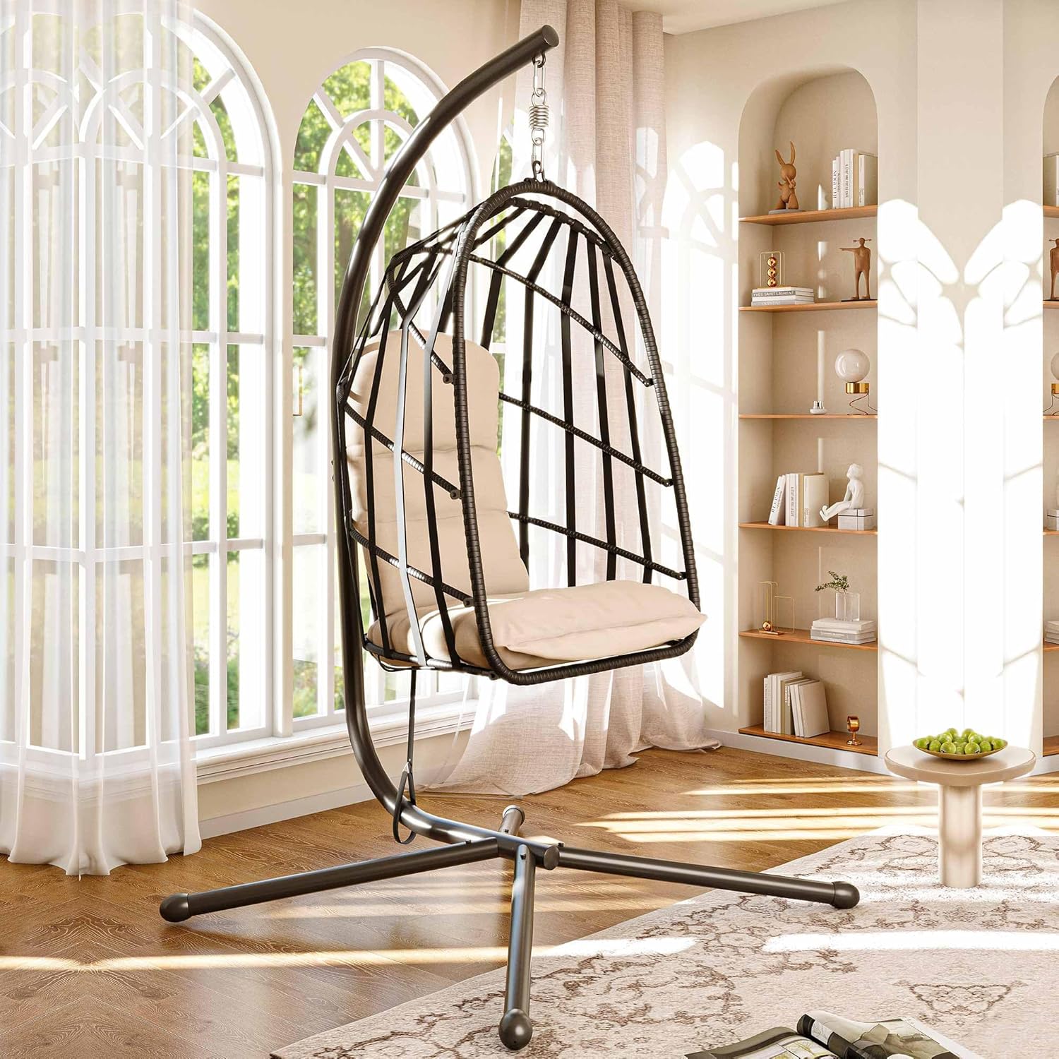 LAUSAINT HOME Hanging Egg Chair with Stand Indoor & Outdoor, Thickened Cushions & Foldable Design Rattan Swing Hammock Chair for Bedroom, Garden, Patio, 350LBS Capacity (Beige)