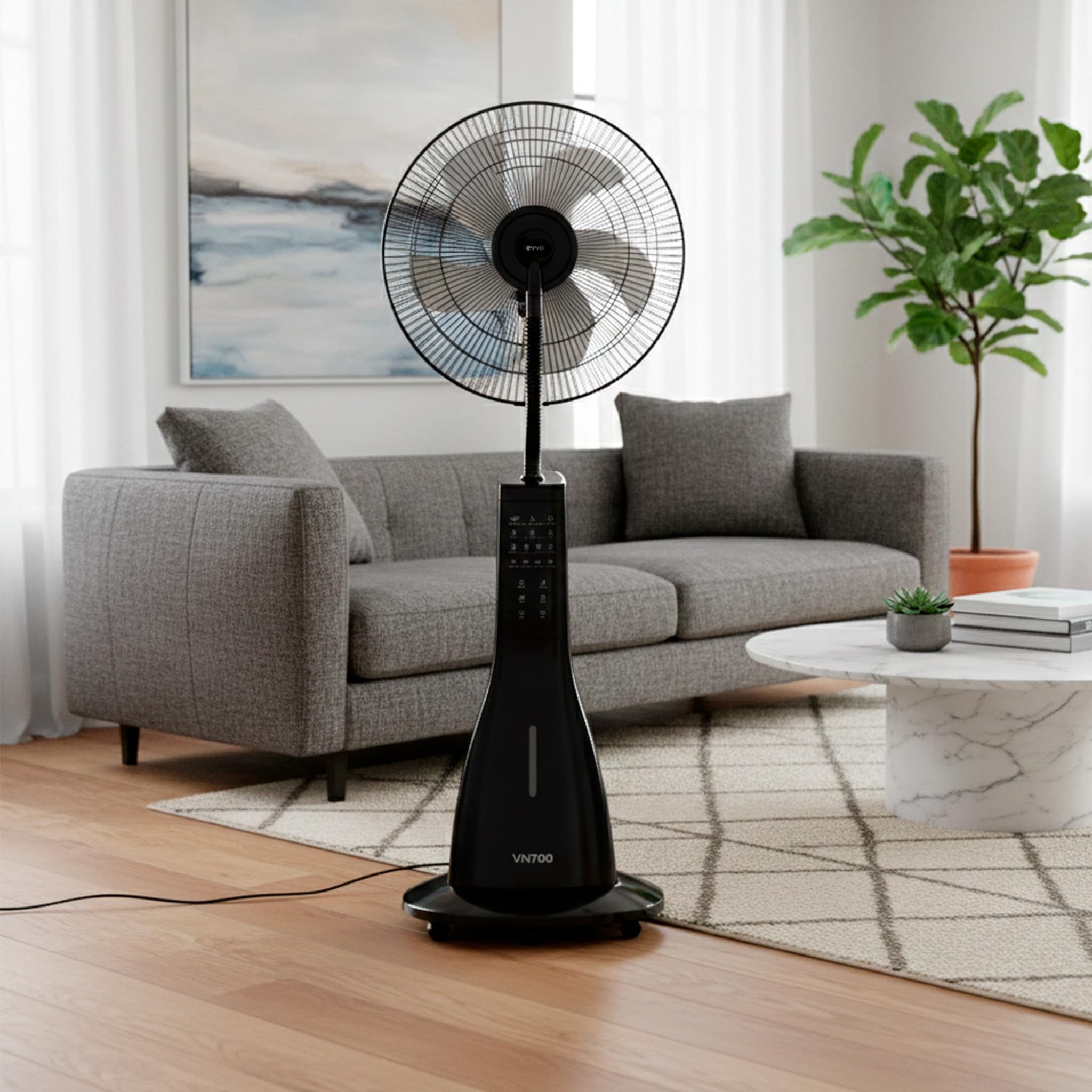 EVVO VN700 Ventilador Nebulizador de Agua y Pie Potente - Ventilador con Agua y Bruma Fina, 3 Modos Inteligentes, Velocidad Ajustable, Oscilación Automática y Temporizador. Humidificador Silencioso
