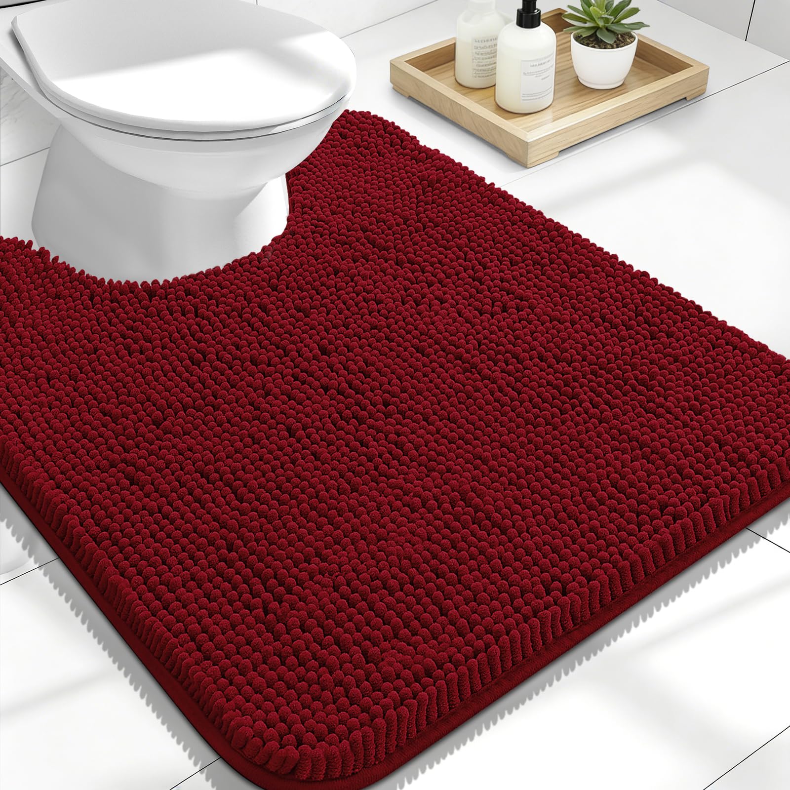 OLANLY Toilet Rugs U-Shaped 24x20, Soft Absorbent Chenille Contour Rugs | Red, Quick-Drying Rubber Backing, Machine Washable Non-Slip Shaggy Bathroom Mat for Toilet, Home Decor Accessories
