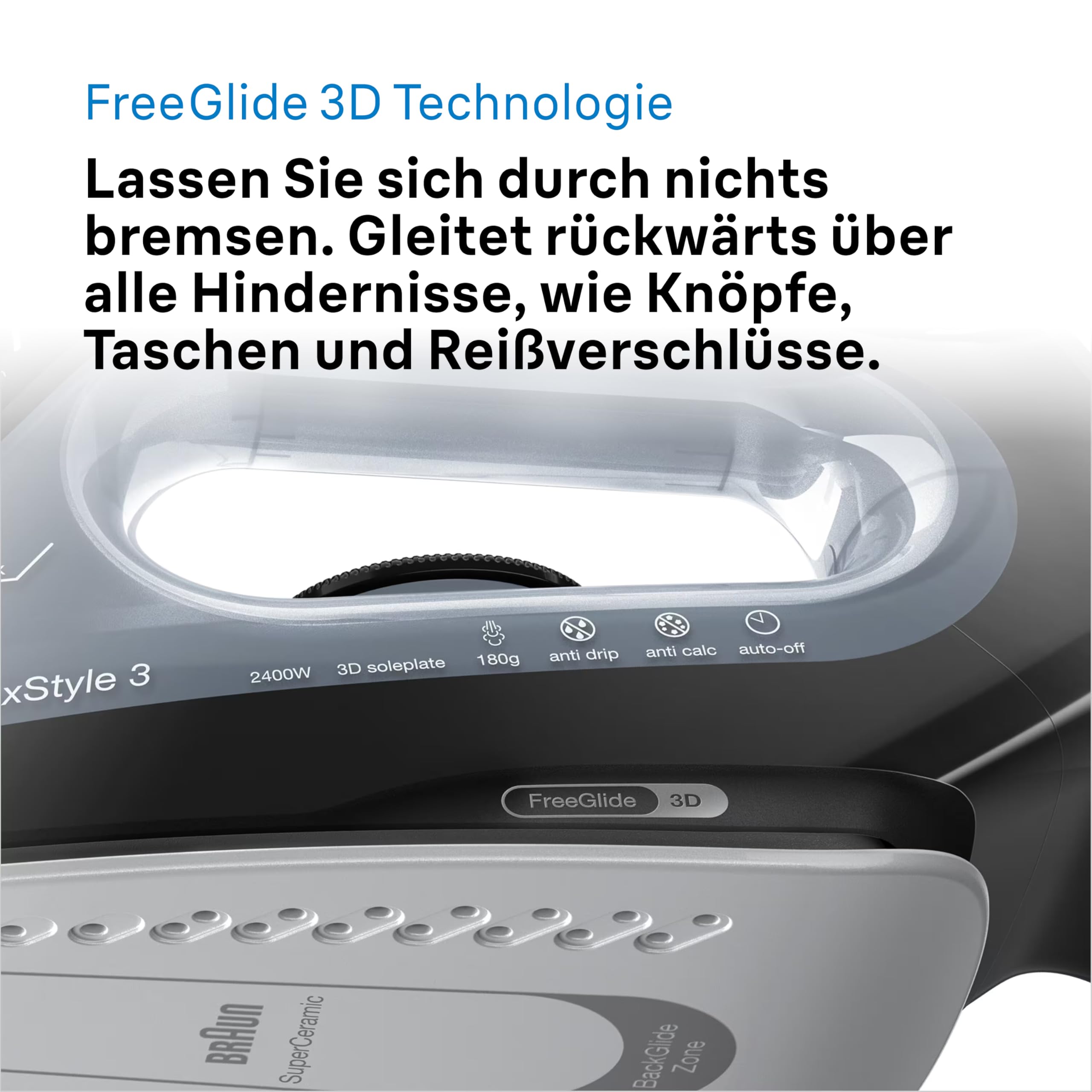 Braun Dampfbügeleisen TexStyle 3 SI3055BK, FreeGlide 3D-Technologie, Bügelsohle mit Keramikbeschichtung, automatische Abschaltung, kurze Aufheizzeit, einfache Nachfüllung (220 ml), 2400 W, Schwarz