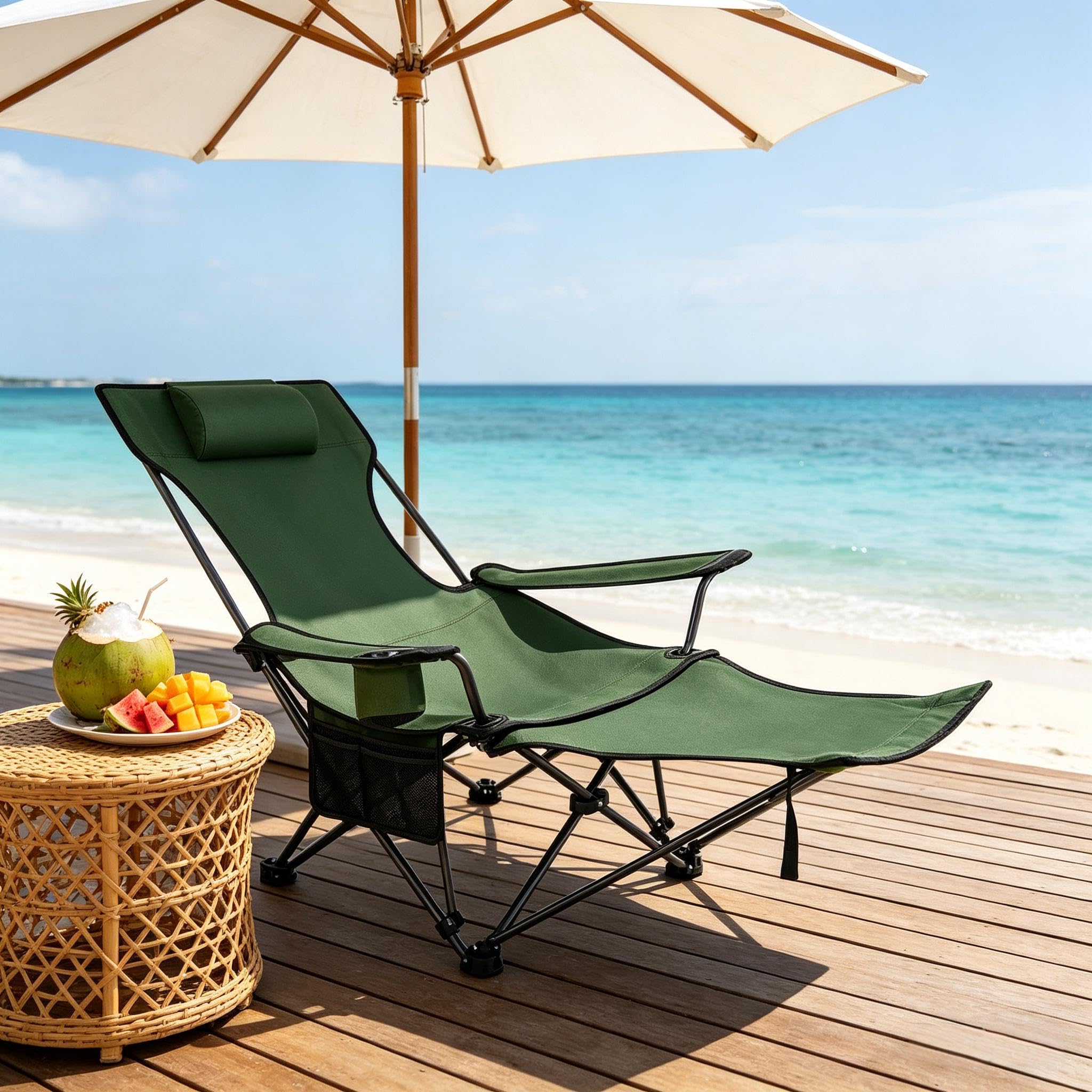 vutizal Ergonomiczne krzesło składane z wysuwanym podnóżkiem, przenośne krzesło kempingowe do wędkowania i relaksu, wygodny leżak na plażę, do ogrodu i na balkon, stabilne do 150 kg