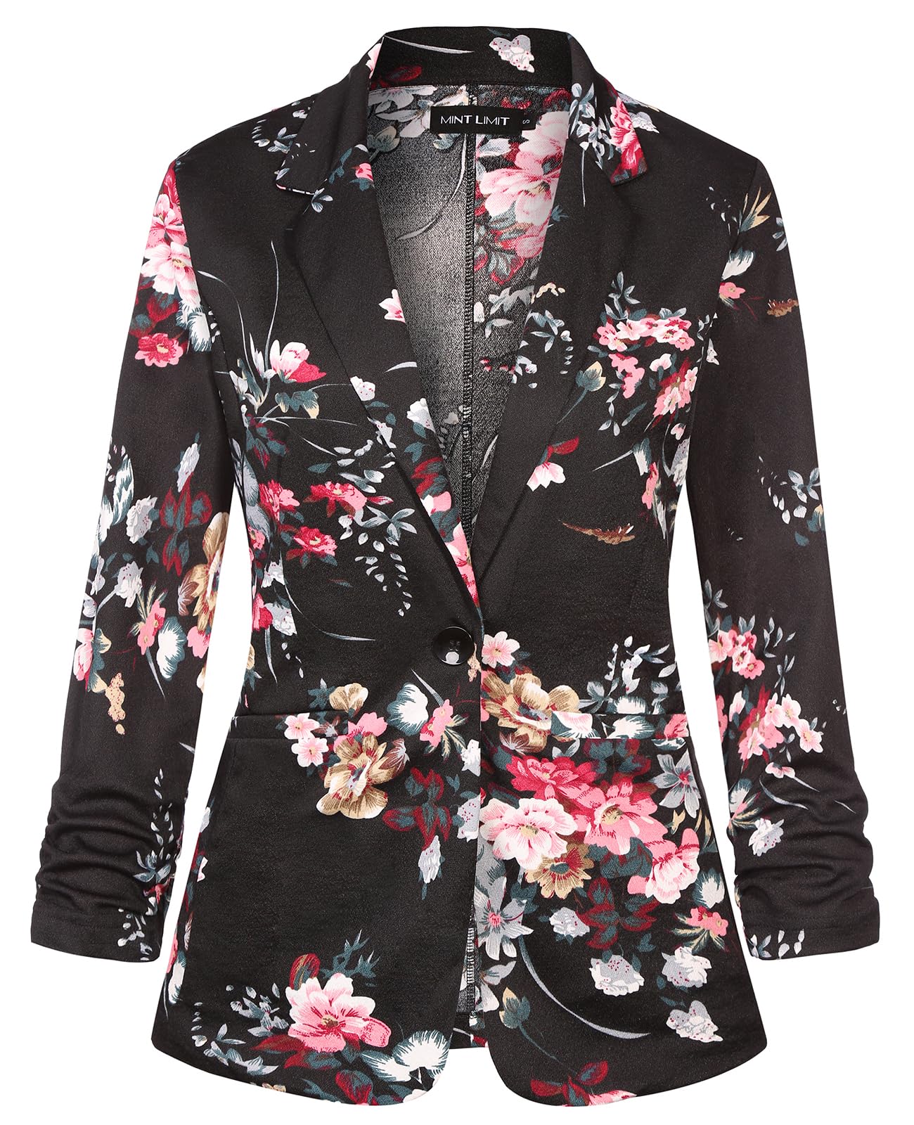 MINTLIMIT Womens Casual Blazer Jacket Pockets Open Front Work Office Blazer Ruched 3 4 Sleeve Lapel Button Jacket