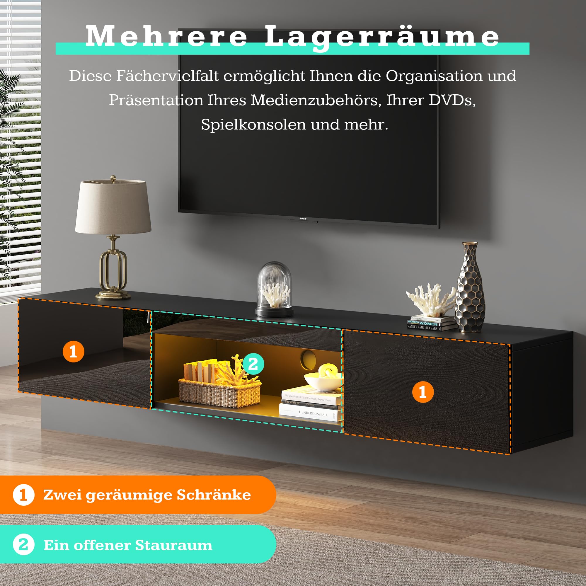 Szafka pod telewizor o przekątnej 70", wisząca szafka pod telewizor z oświetleniem LED i sterowaniem za pomocą aplikacji, czarna, wysoki połysk, 160 cm, miejsce do przechowywania, zarządzanie