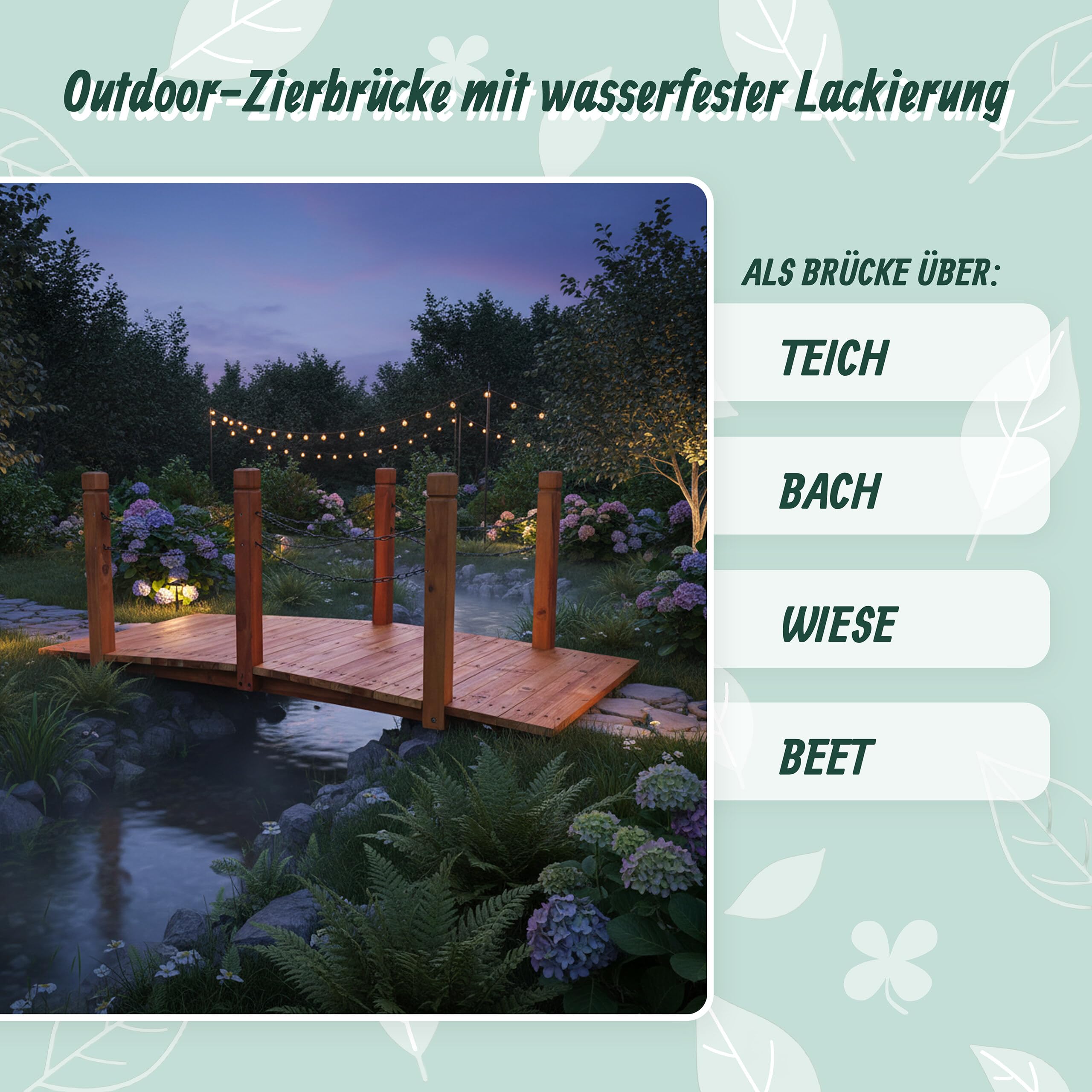 Relaxdays Garten Brücke, Pfosten mit Ketten, Tannenholz, für Gartenteich, HxBxT: 55 x 150 x 67 cm, Holzbrücke, orange