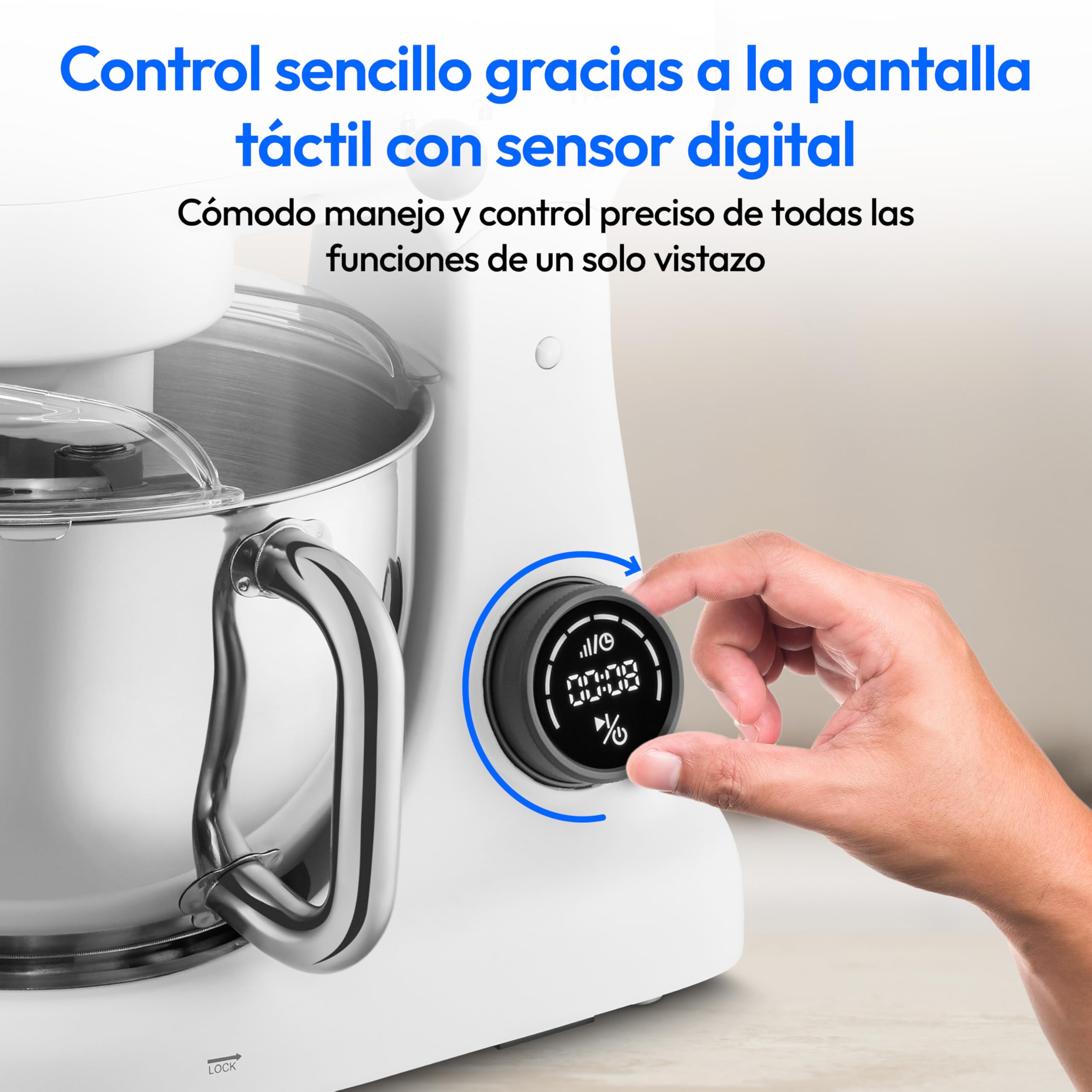 MEDION Robot de cocina con picadora (800 vatios, motor de CC, recipiente de acero inoxidable de 4,6 litros, ahorro de energía, ultrasilencioso, pantalla táctil con sensor digital, MD12600) Blanco