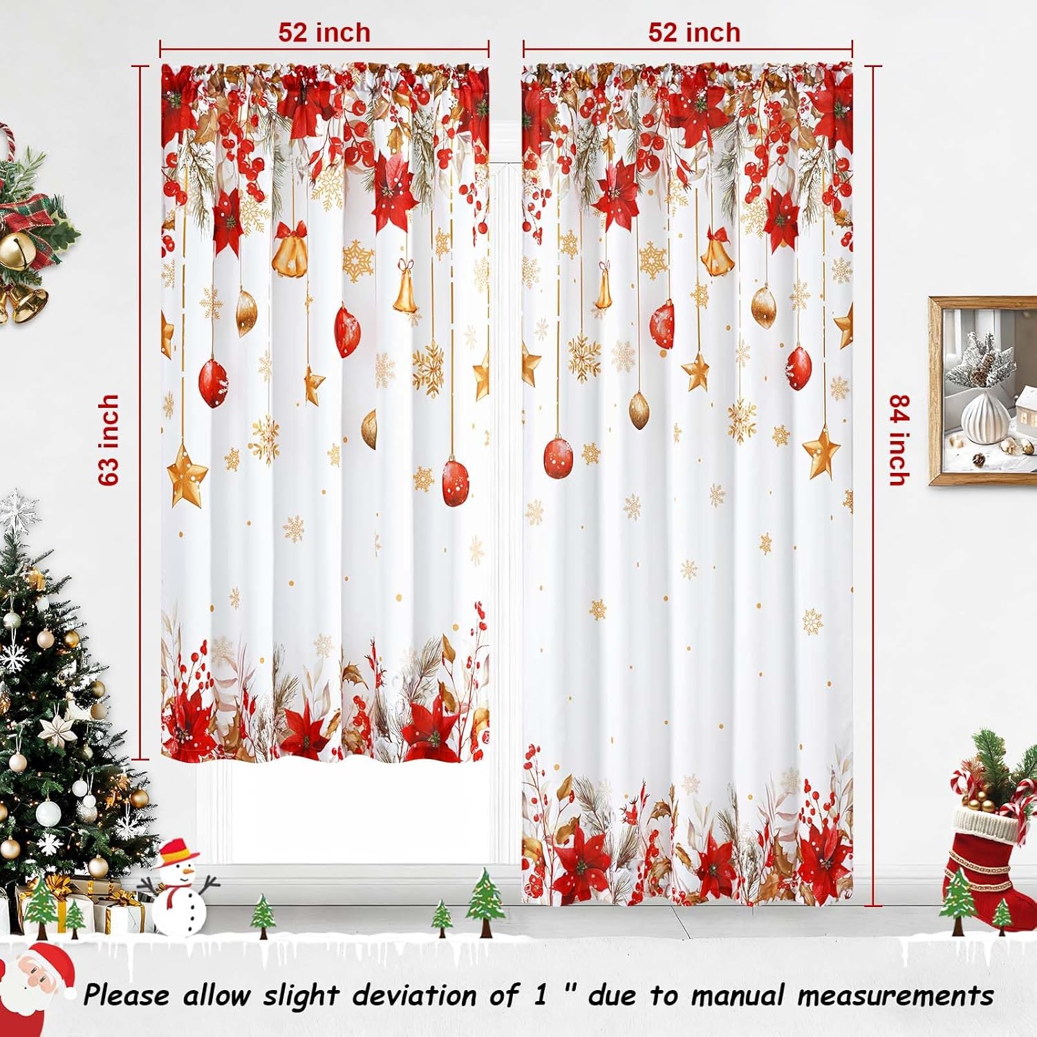 Yinhua Christmas Curtains for Living Room 84 Inch Length, Snowflake Poinsettia Curtains for Bedroom 2 Panels Set, White Rod Pocket Window Curtains for Christmas Winter Holiday Decor, 52"x 84"