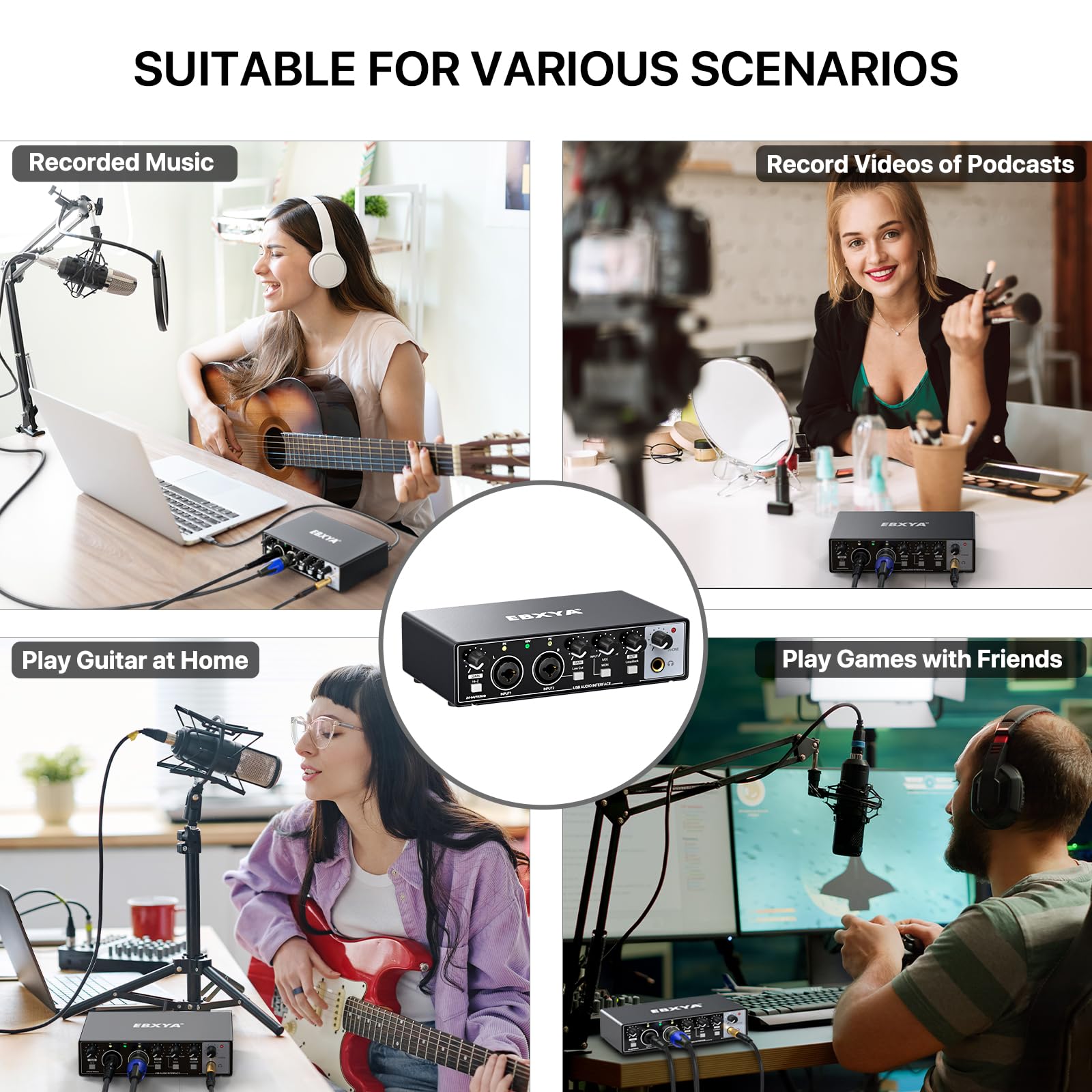 USB Audio Interface, EBXYA 24-Bit/192 kHz USB Soundkarte für Mac, PC, Phone, Mit MIC/XLR/Line Eingängen, High Fidelity XENYX Mic Preamps für Recording, Streaming und Podcasting(Schwarz)
