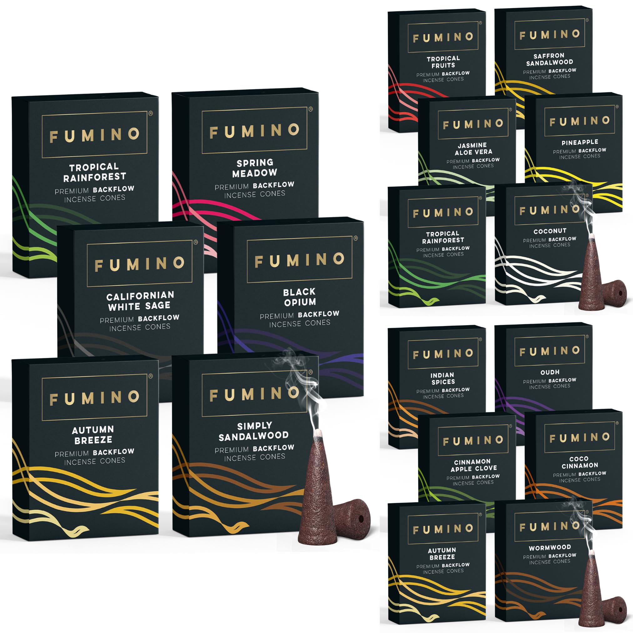 Fumino Black Backflow Incense Cones Mega Bundle 270 Pack 16 Scents - Natural Masala