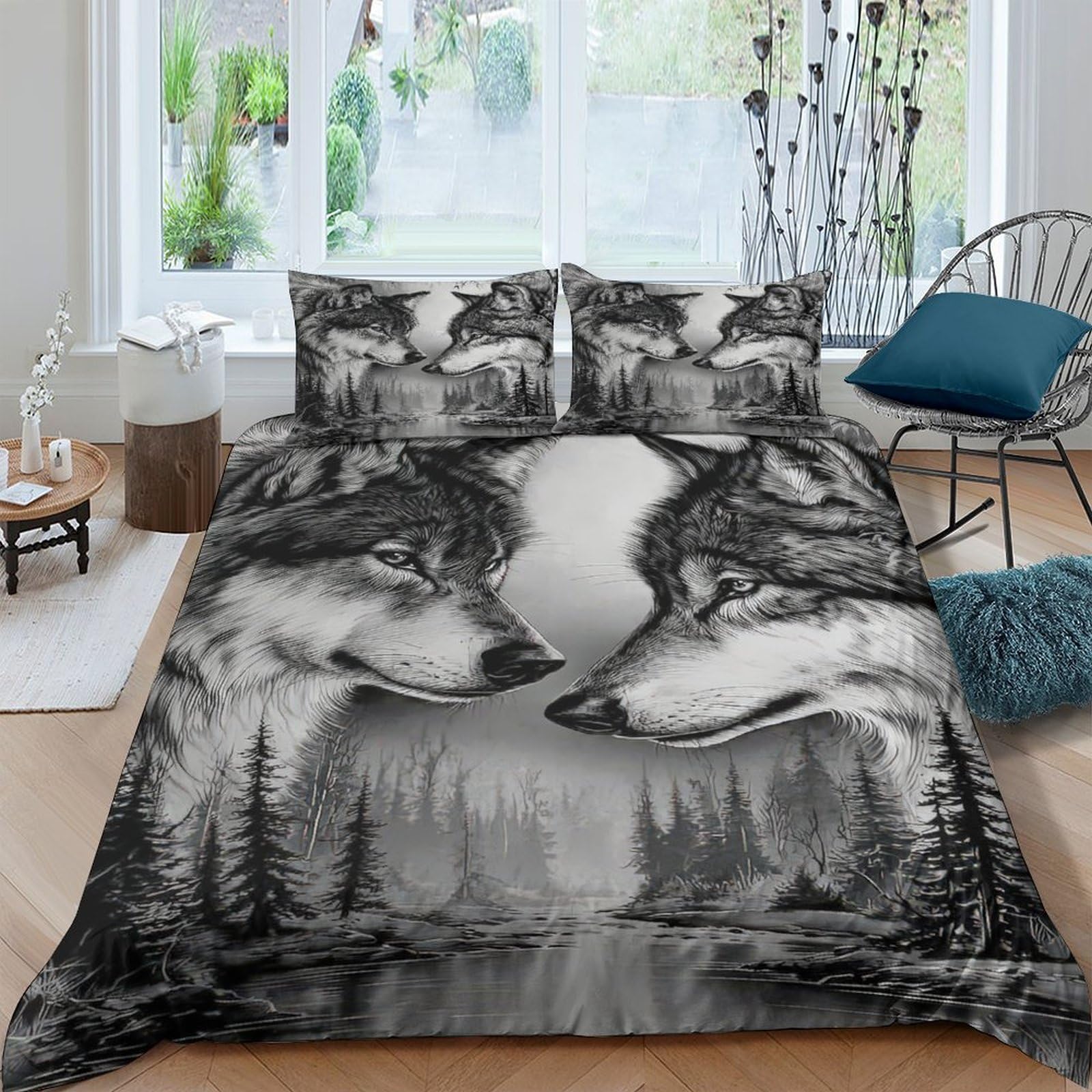 Ctjqhvkz Style-10 3D Printed Wolf Couple Fitted Sheet Microfiber Black Grey Forest Mattress Cover Anti-Slip Bedroom Decor For Home Dorm Guest Room Single（135X200cm）