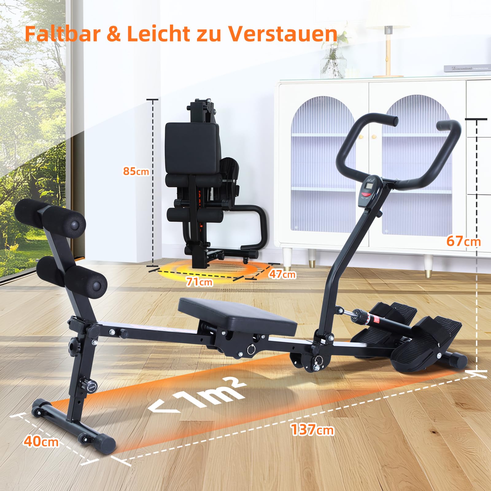 Rudergerät für Zuhause, Sportneer Hydraulisches Rudergerät klappbar mit 12 Widerstandsstufen, Fitnessgerät für Zuhause, Bauchtrainer mit U-Griff & Rückenlehne, bis zu 135 kg belastbar