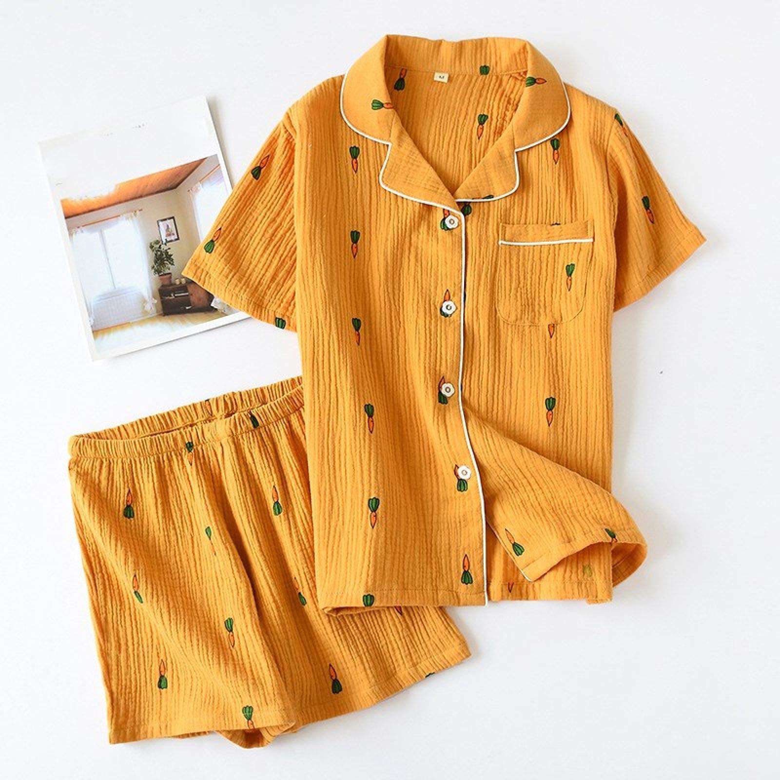MU Damen Pyjamas, Frauen Farbe Pyjamas Mit Shorts Cotton Carrot Print-Muster Kurzarm Anzughose Und T-Shirt Frauen Nachtwäsche Lingerie Cozy Unterwäsche,Gelb,Xl.