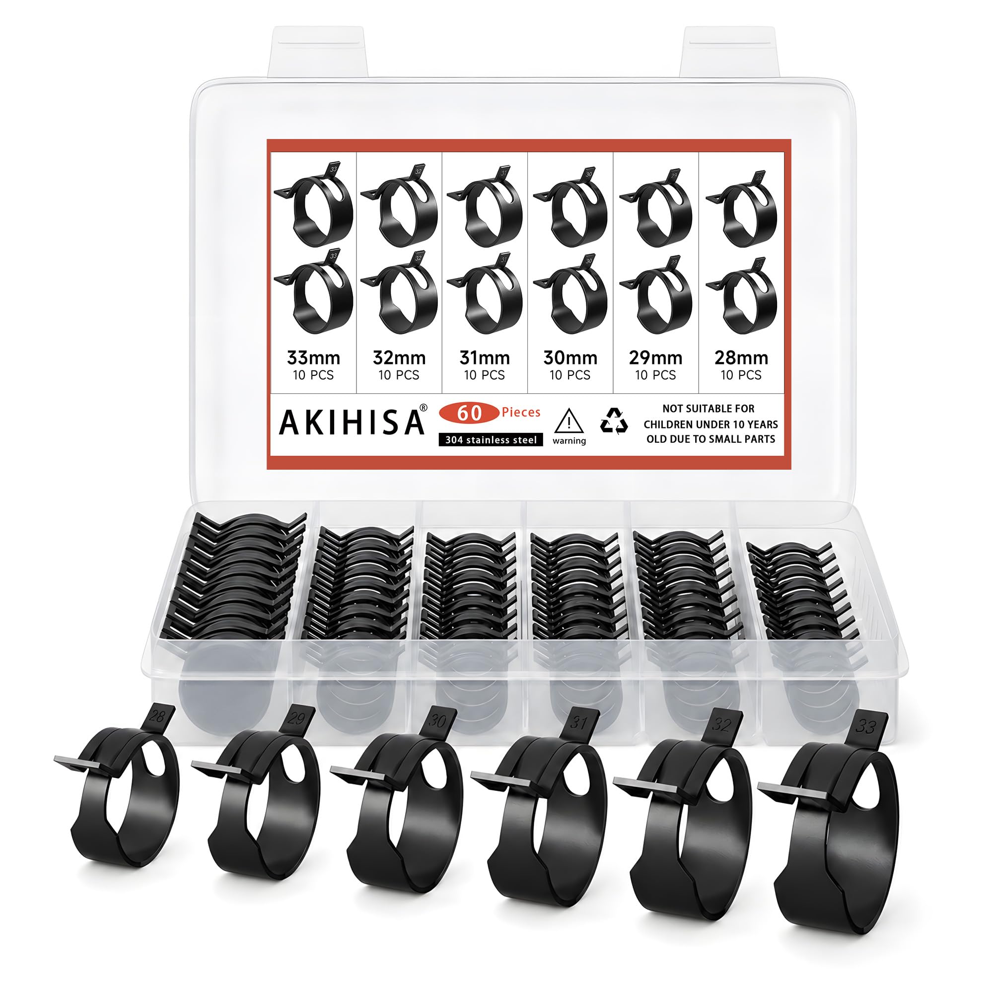 AKIHISA 60PCS Spring Band Hose Clamps Assortment Kit 28-33mm,6 Sizes