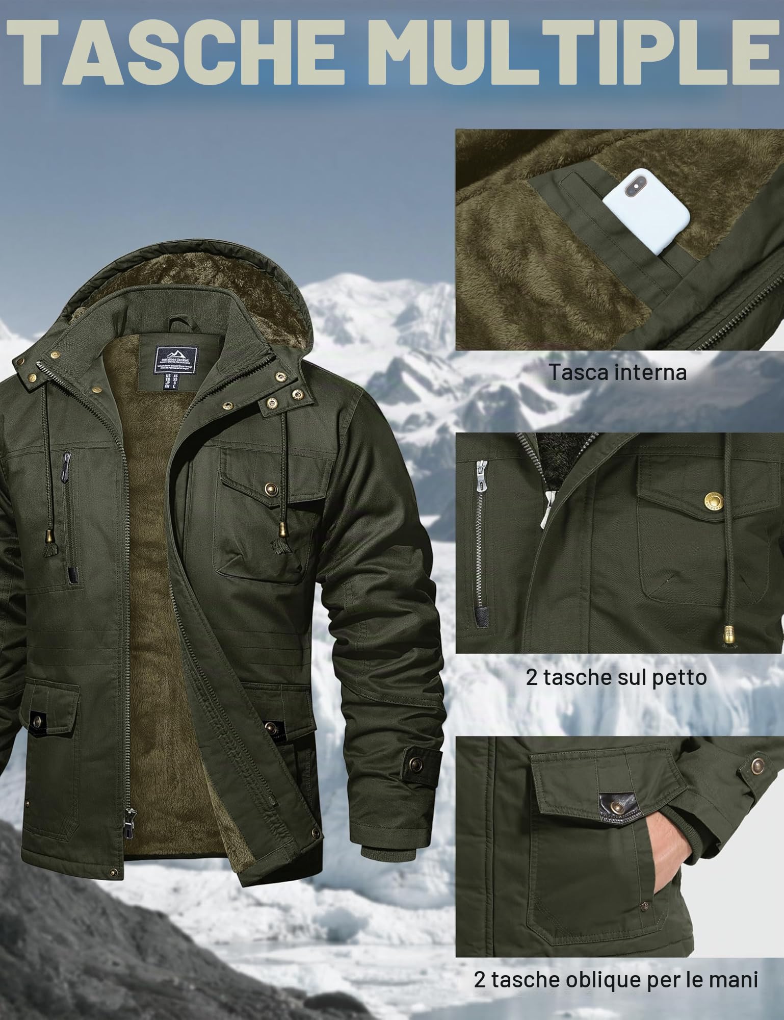 MAGCOMSEN Cappotto invernale da uomo in pile bomber cargo casual stile militare giacca a vento con cappuccio