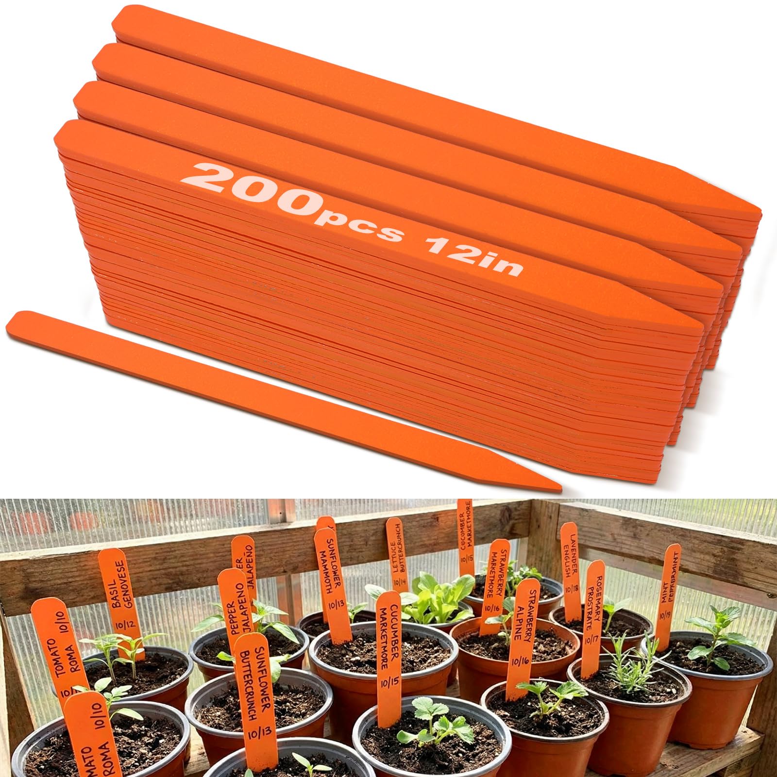 Photo 1 of Weysat 200 Pcs 12" Wood Plant Labels for Field or Containers Plant Tags Wood Garden Labels for Seedling Stakes Markers Nursery Seed Tags with Smooth Surface for Pot Herbs Flowers Vegetables (Orange)