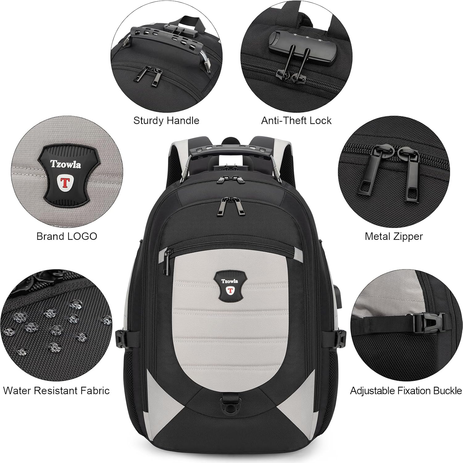 Tzowla Travel Laptop Backpack for Men&Women,17.3" Computer Water Resistant Anti Theft TSA Friendly Backpacks with Lock and USB Charging Port,College Business Work Hiking Bookbag Daypack,Light Grey