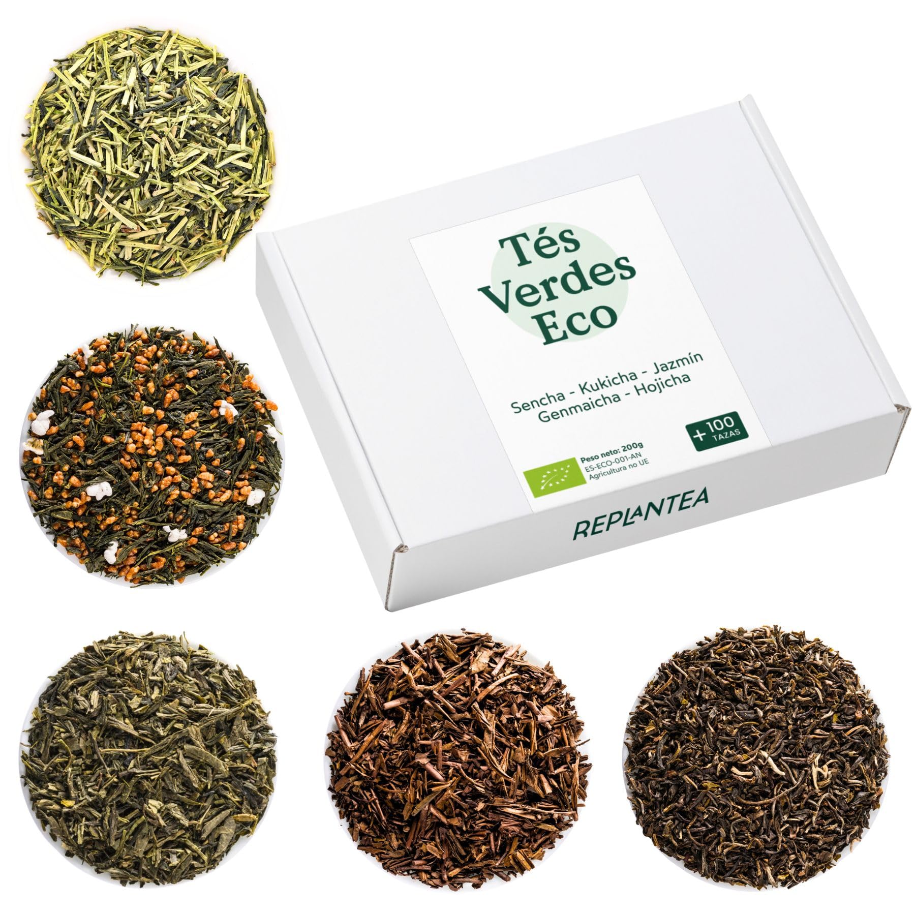 TÉS VERDES ECOLÓGICOS Pack de 5 Tés Premium a Granel 200g (+100 Tazas) | Kukicha, Genmaicha, Sencha, Hojicha y Jazmín REPLANTEA