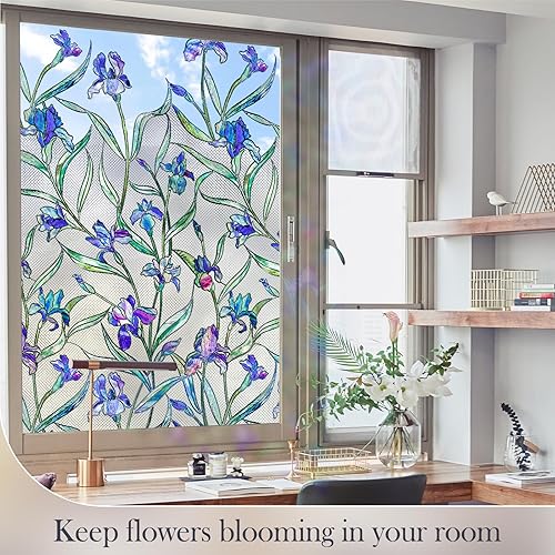Miniatura 16 de Película para ventana de vitral, película de privacidad para ventana, esmerilada, floral, 3D, decorativa, estática, bloqueo de calor, tinte