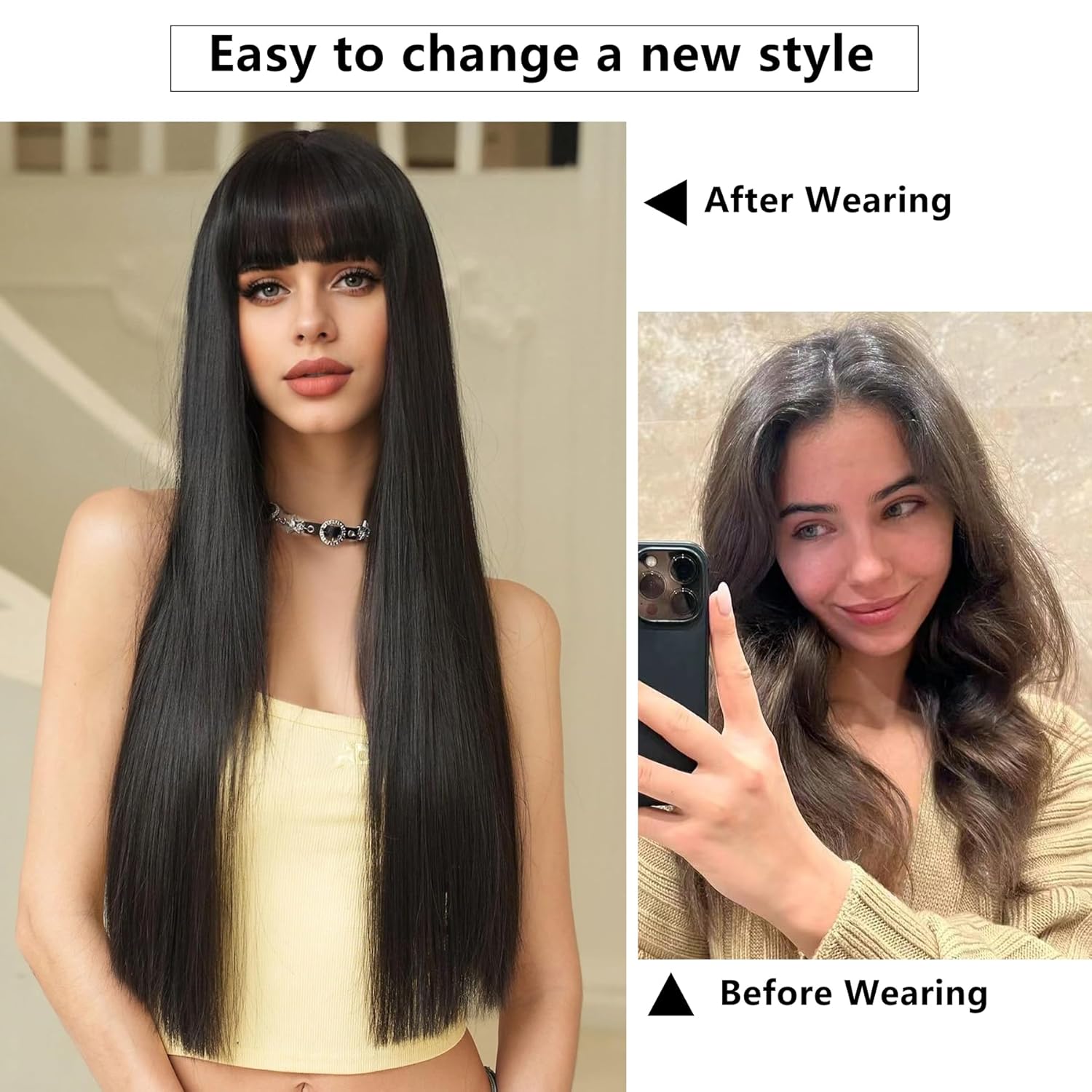 7JHH WIGS Long Straight Natural Black Wig with Bangs Heat Resistant Fiber Layered Synthetic Long Straight Wig for Cosplay Christmas Gifts Party Used - Image 3