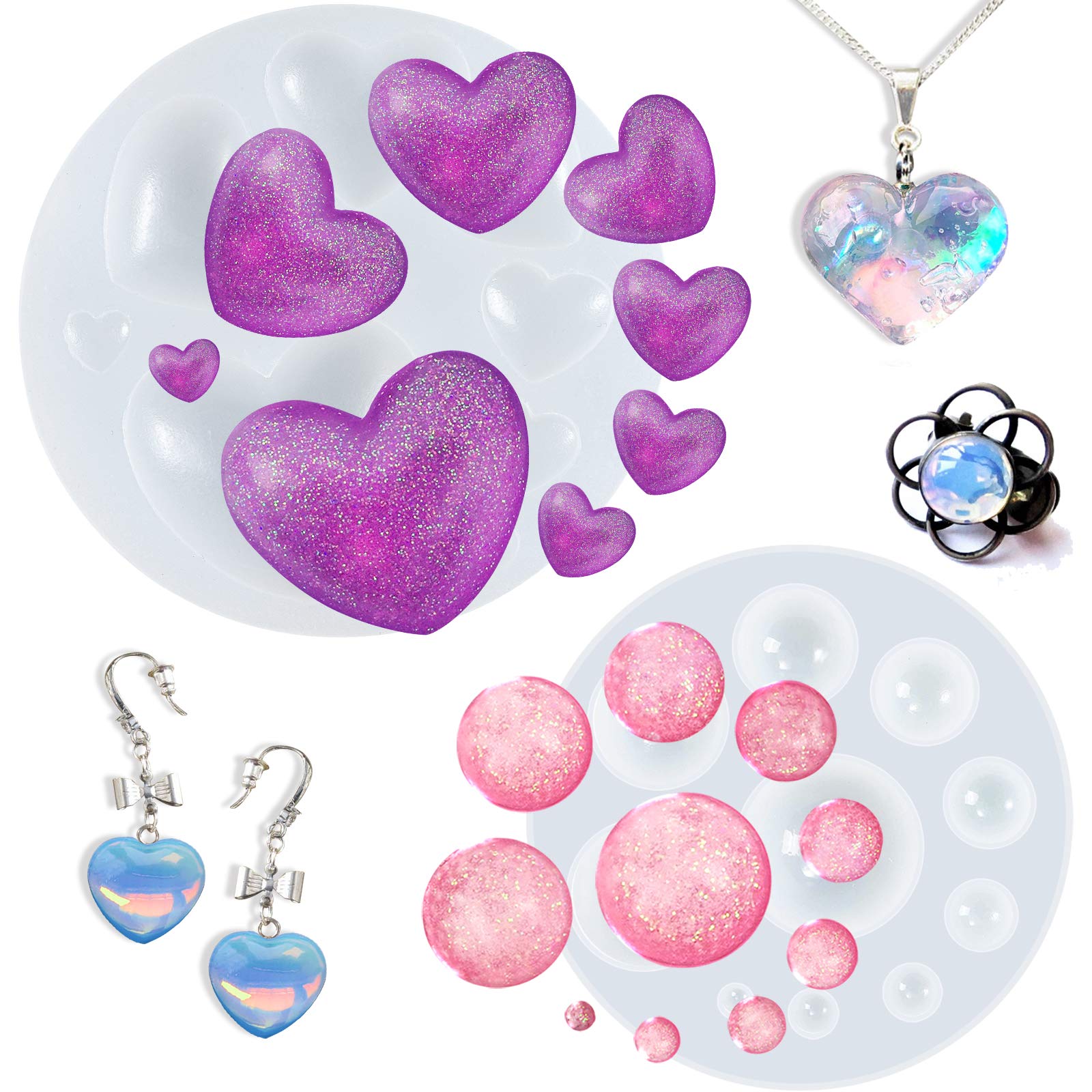 FUNSHOWCASE Cabochon Gemstone Epoxy Resin Casting Silicone Molds Include Heart, Dome Shapes for Fondant Cake Decoration, Polymer Clay Craft, Jewelry Making 2 Set — image 1
