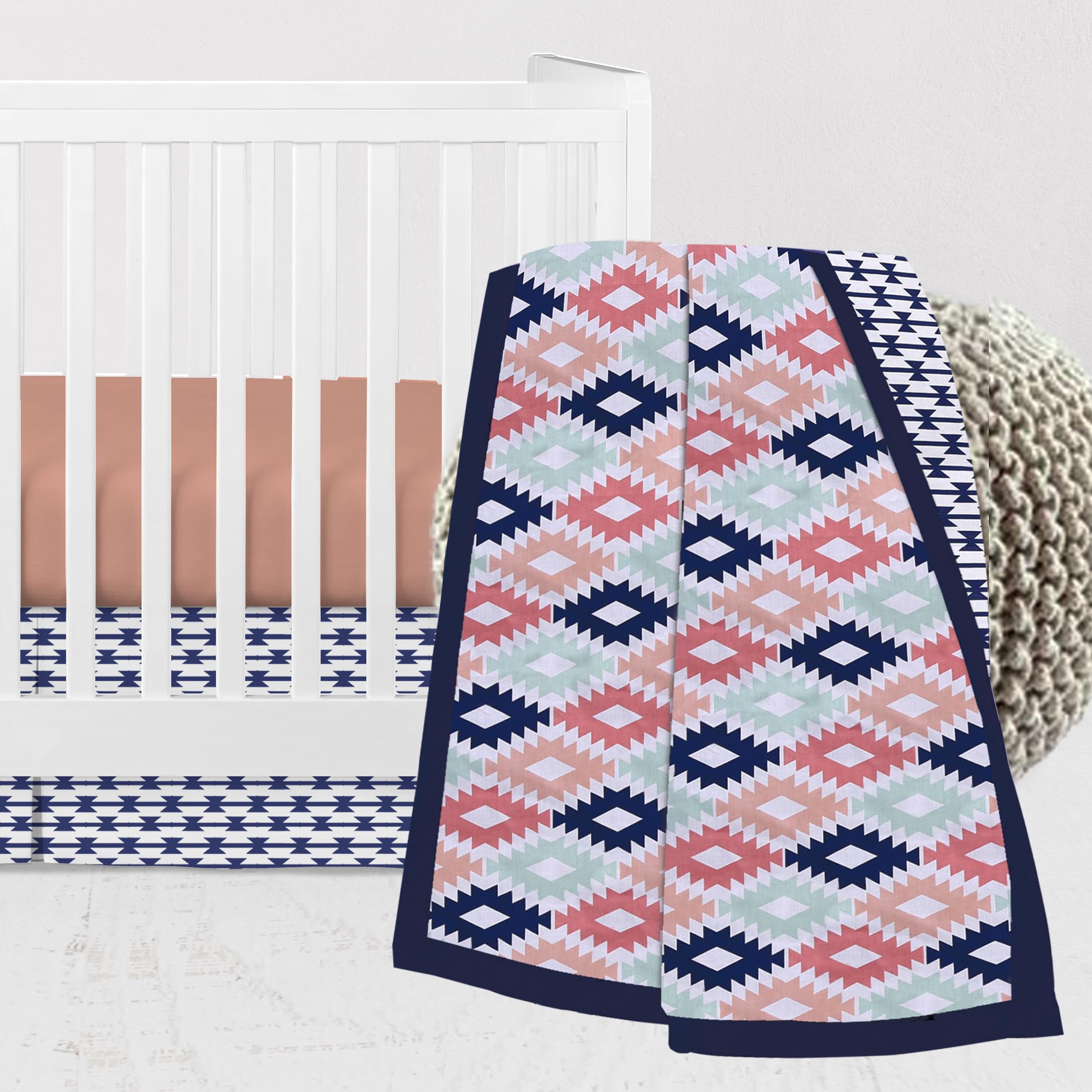 Bacati - Aztec Print Emma Coral Mint Navy 3 pc Crib Bedding Set