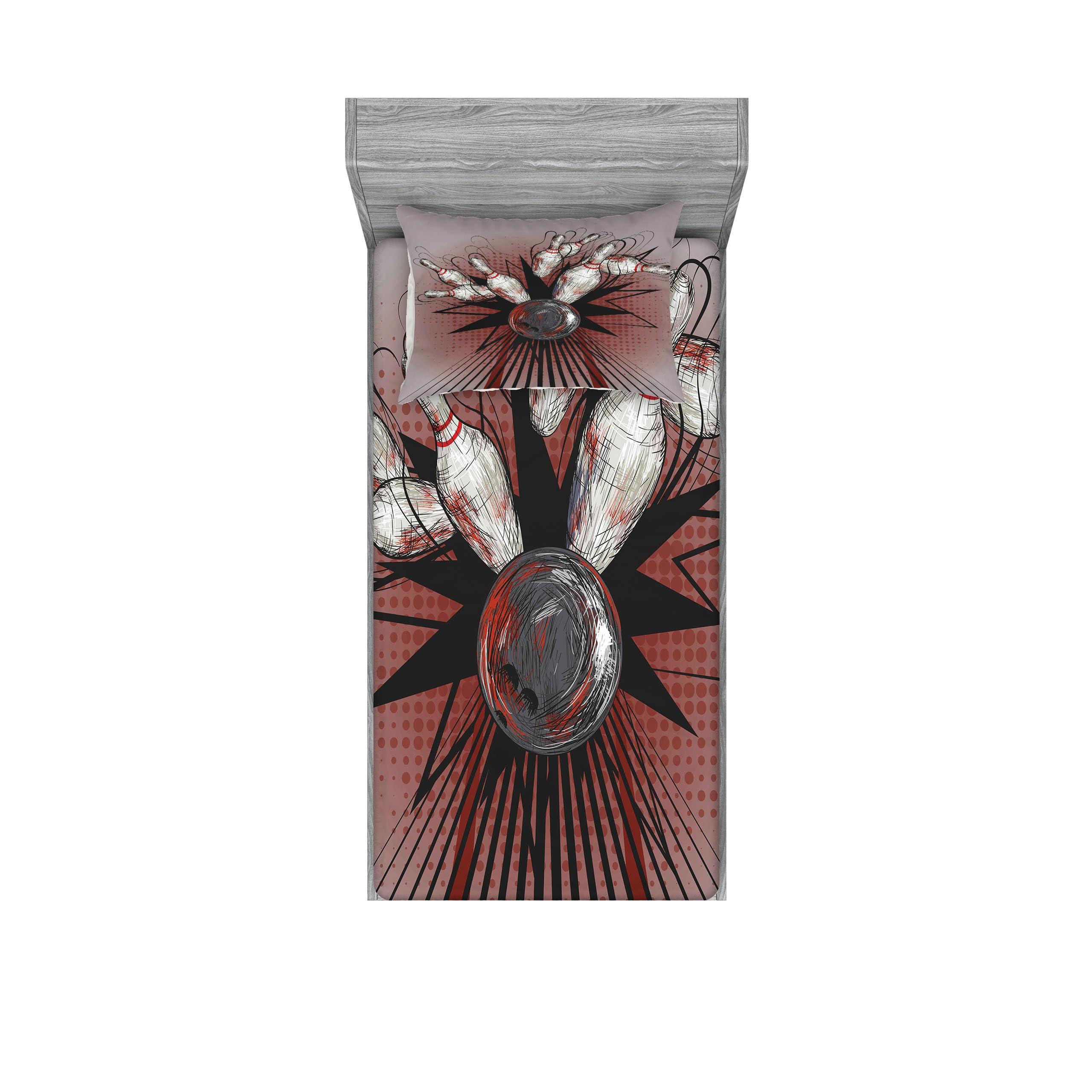 Ambesonne Bowling Party Fitted Sheet & Pillow Sham Set, Bowling Ball Crashing into Pins Retro Blast Effect Sketchy Art Design, Decorative Printed 2 Piece Bedding Decor Set, Twinxl, Mauve Grey