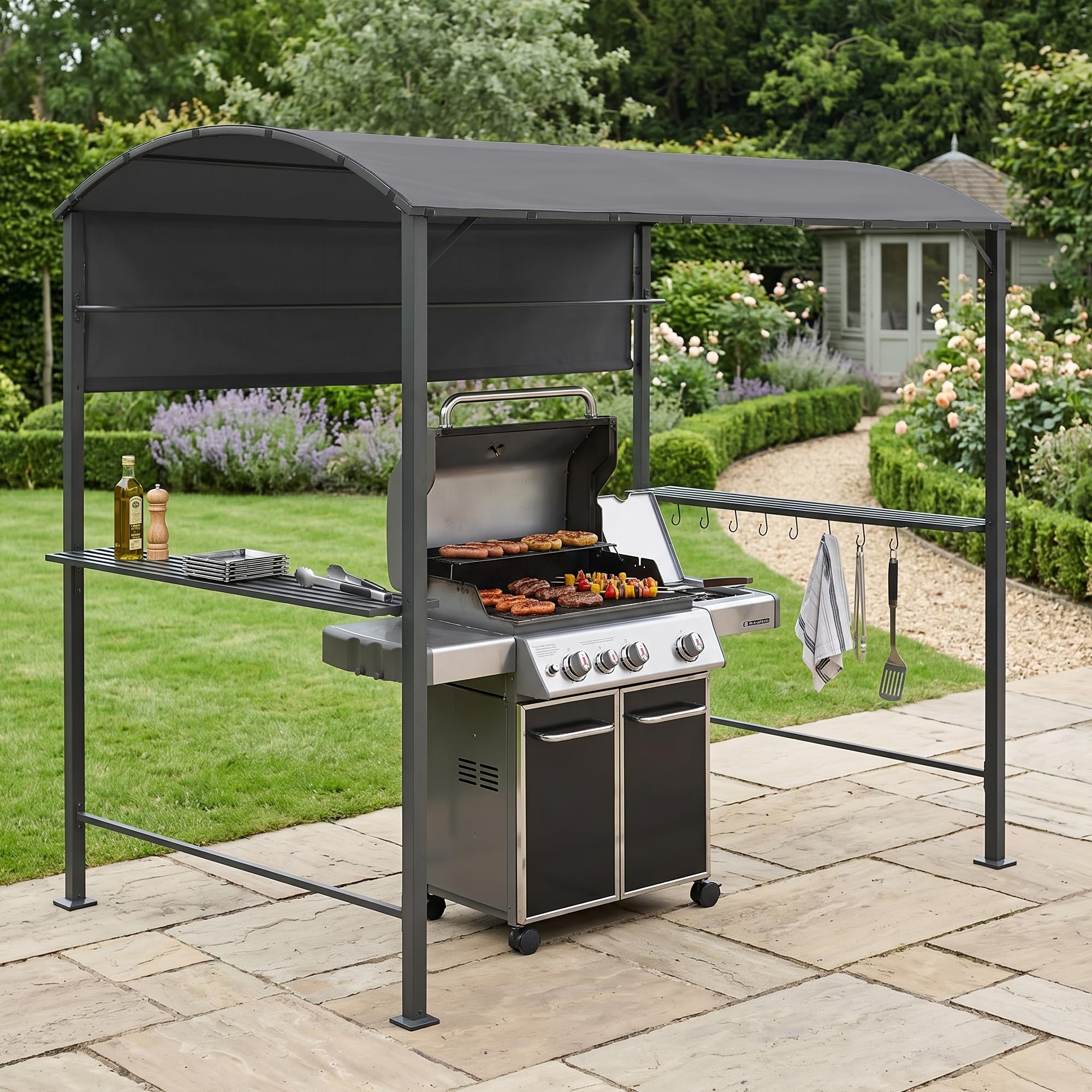[en.casa] Pawilon grillowy Pyrgos 215 x 220 x 140 cm, namiot grillowy z barkami, grill pawilon, daszek na grilla, dach okrągły, odporny na działanie wody, stalowy stelaż, ciemnoszary