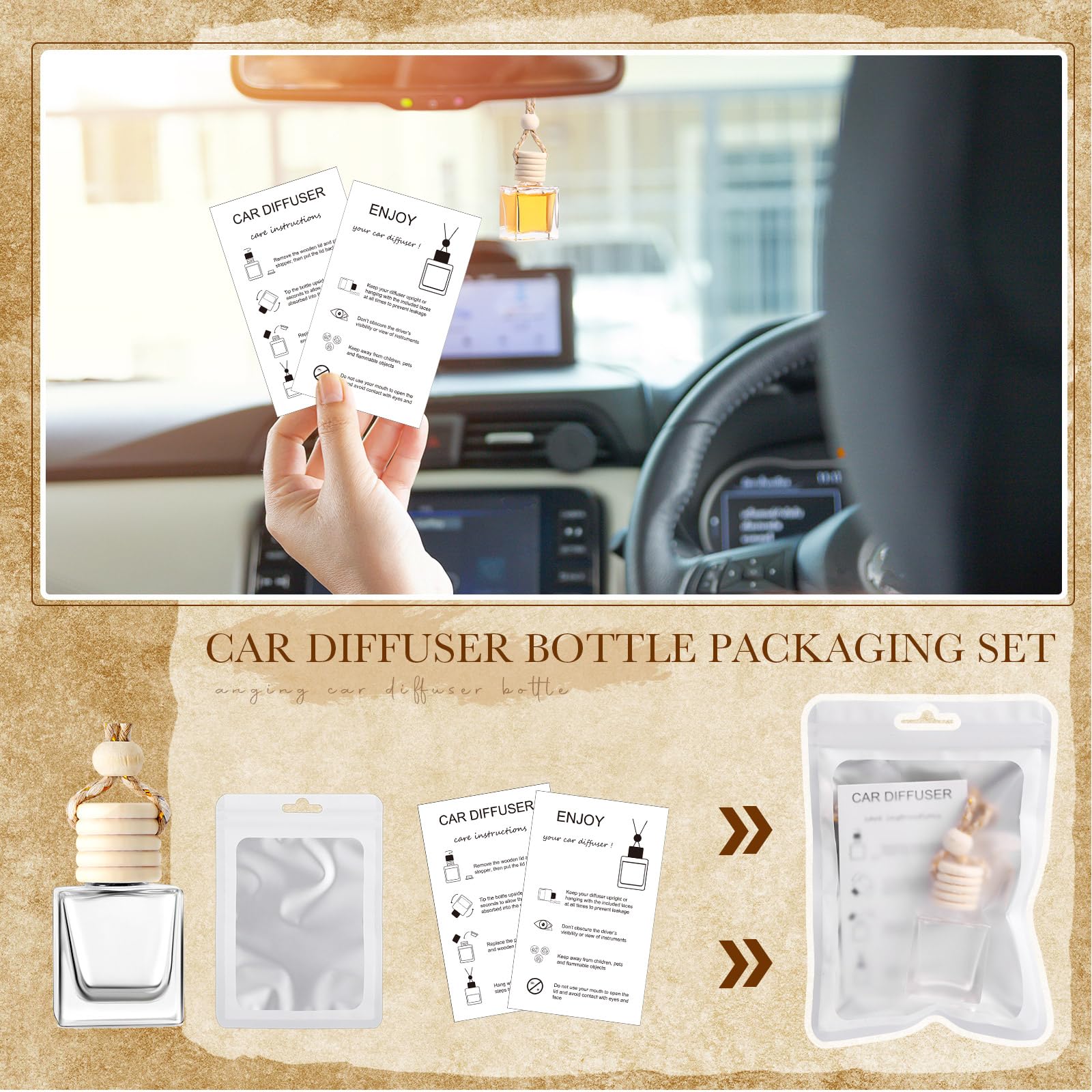Boao Set di 100 flaconi profumatori per auto da appendere, con scheda di istruzioni e sacchetto olografico richiudibile da 10 x 15,2 cm, per bottiglie vuote di oli essenziali di profumo per auto