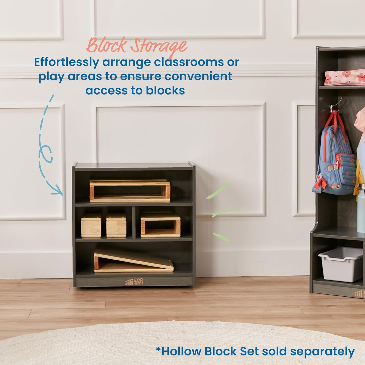 ECR4Kids Mobile Building Block Storage Cabinet, Small, Classroom Furniture, Grey Wash