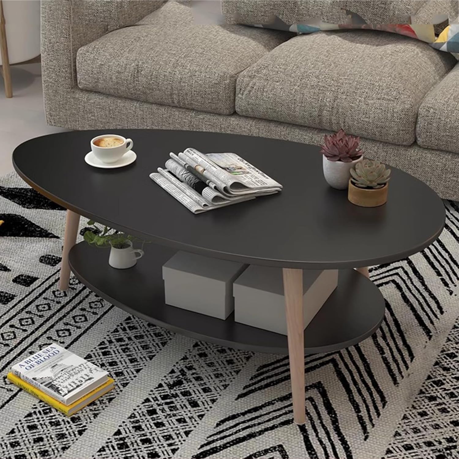 HM&DX OvalShaped Wood Coffee Tables with Open Shelving, 2