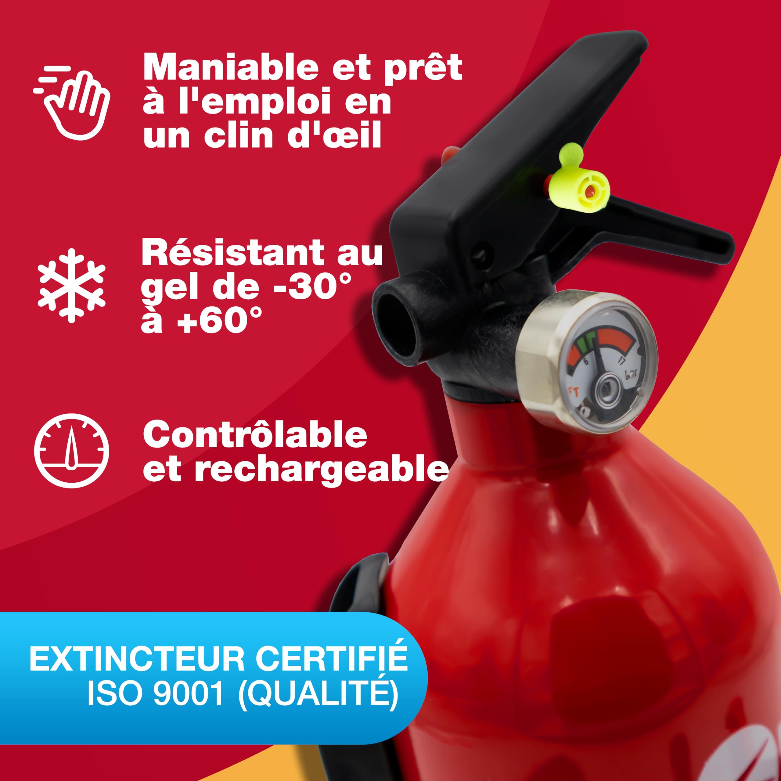 Extincteur pour voiture 1kg + Marteau d'urgence avec coupe-ceinture [CARTE D'URGENCE INCLUSE] - Contrôle qualité strict - Marteau de secours, Extincteur pour voiture, véhicule, petit