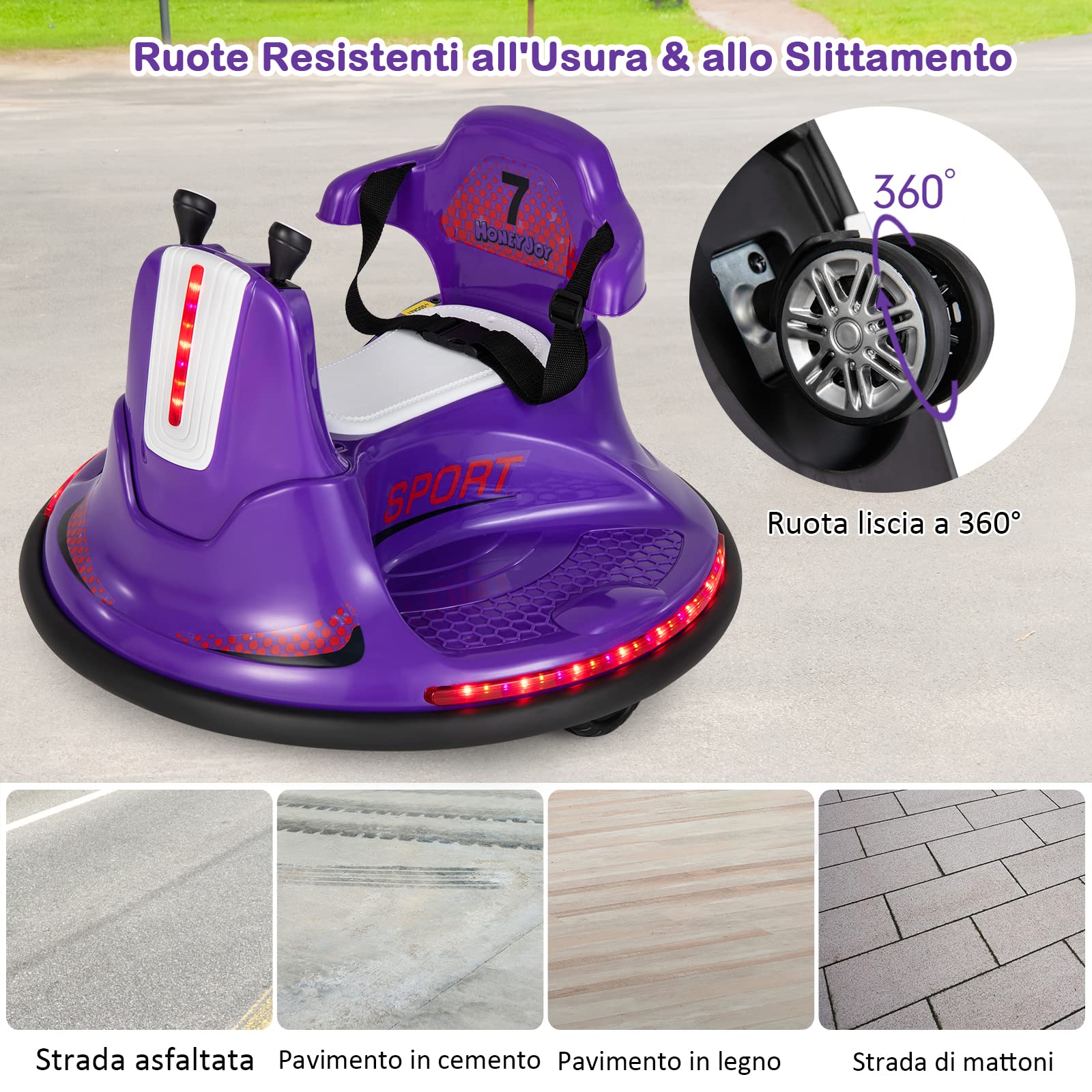 COSTWAY 6V Autoscontro Elettrico per Bambini, Veicolo Elettrico con Telecomando, Girevole a 360°, Luci LED Colorate e Cintura di Sicurezza Regolabile, 37-95 Mesi (Viola)