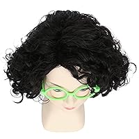 Vista 4 de M MISS U HAIR Missuhair - Peluca de disfraz para niñas con lentes verdes aretes cortos negros rizados para Halloween cosplay
