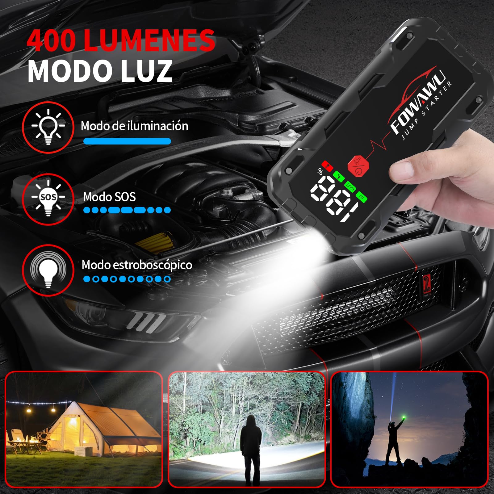 FOWAWU 7000A Arrancador de Baterias de Coche, 26800mAh Jump Starter(para 12L de Gasolina o 10L de Diésel) con Linterna LED de Emergencia, Espera Larga, Carga Rápida, QC 3,0