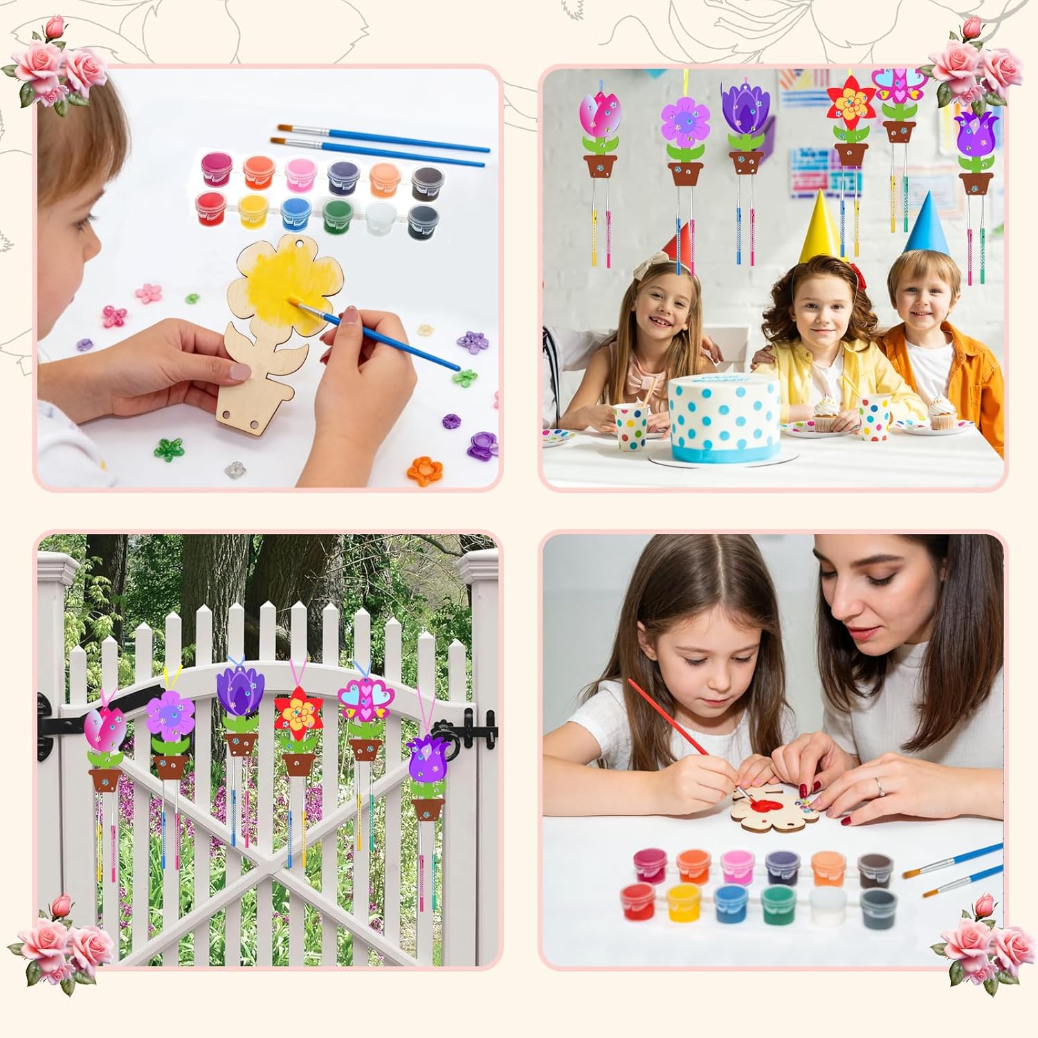 36 Pack DIY Flower Wind Chime Craft Kit for Kids, Create Your Own Colorful Wind Chime Ornaments, Wooden Art & Craft Activity for Spring Summer Birthday Party Decor