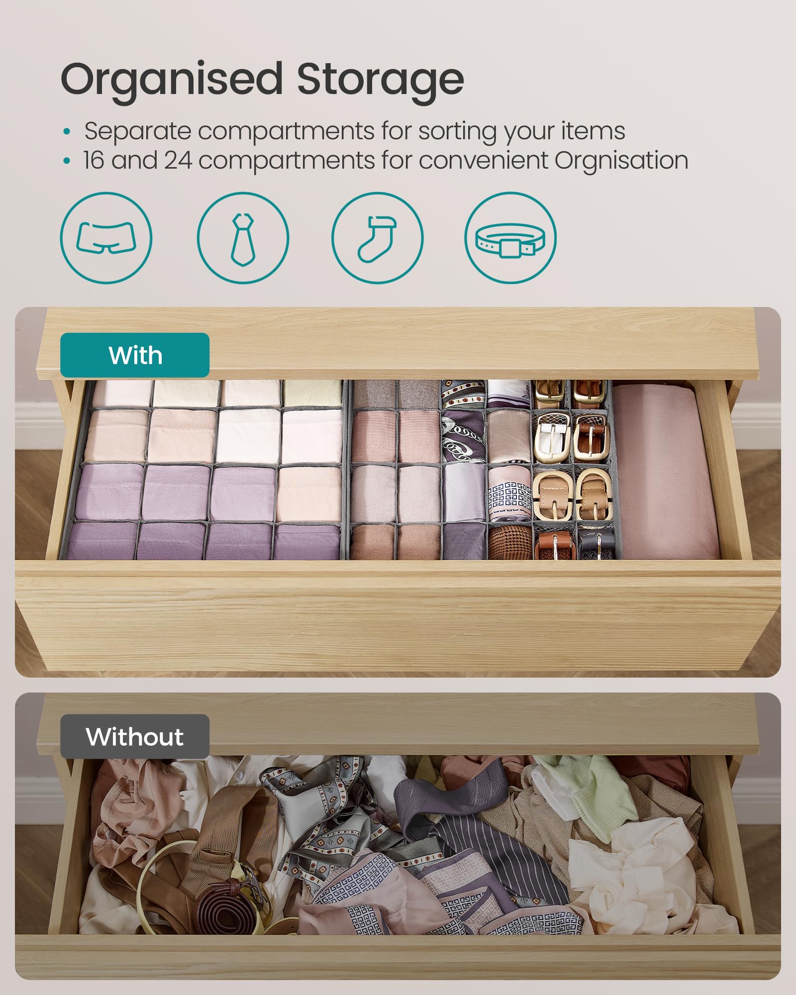SONGMICS Set of 4 Drawer Organisers, 80 Compartments (2x16+2x24), Foldable Closet Organiser, 30 x 30 x 10 cm - Image 4