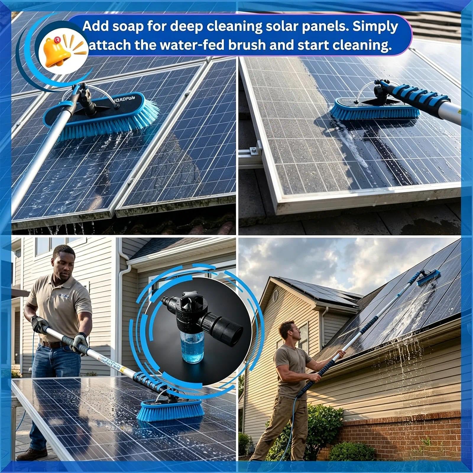 Kit de limpieza hidráulico retráctil para paneles solares que incluye una escobilla de goma de 32 cm, dispensador de jabón, cepillo para polvo y más adecuado para limpiar paneles solares y ventanas