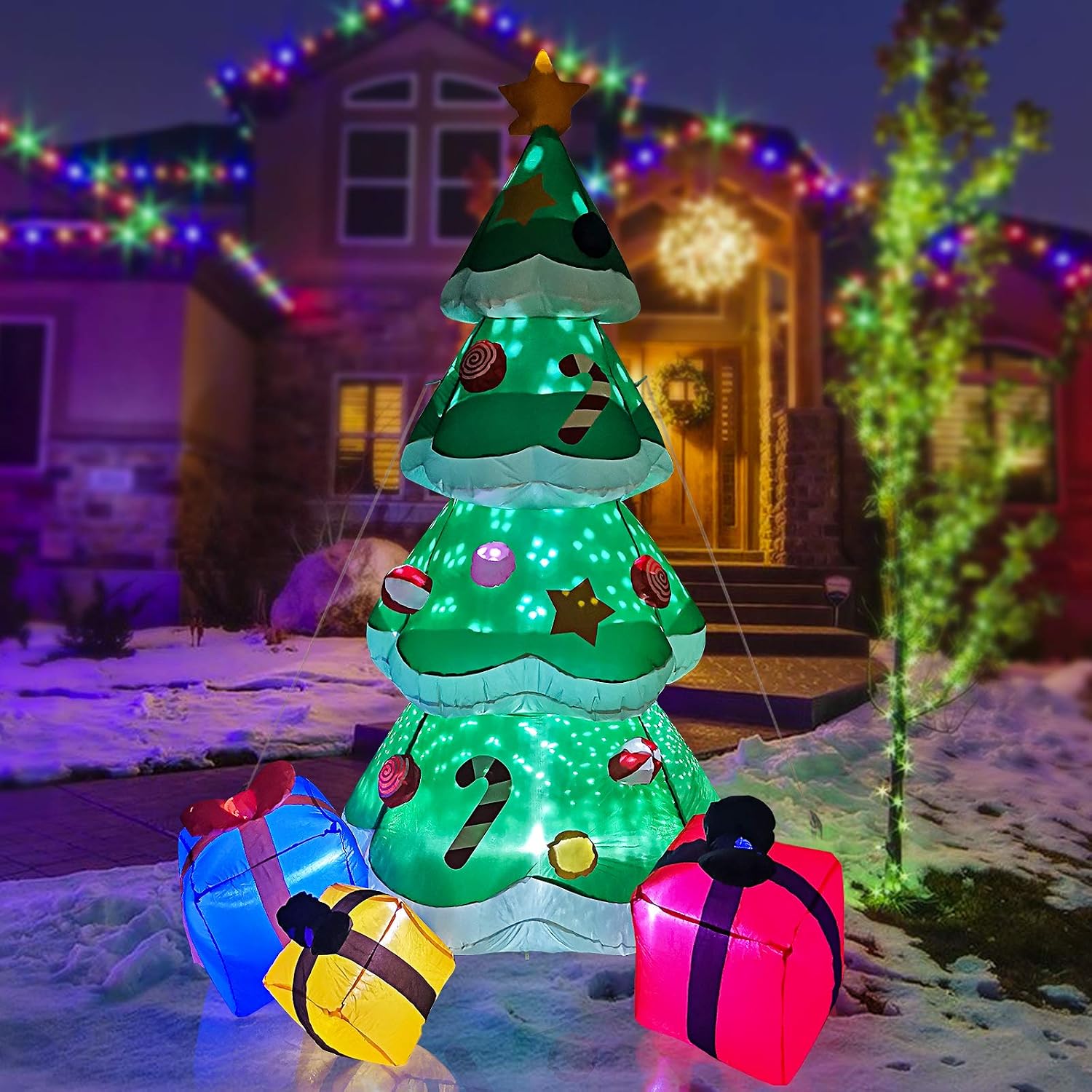 IIDEE 8FT Inflatable Christmas Tree Decorations, Blow Up Yard Decor Outdoor Christmas Decorations Built-in LED Lights with Tethers, Stakes for Outdoor, Yard, Garden, Lawn Decorations