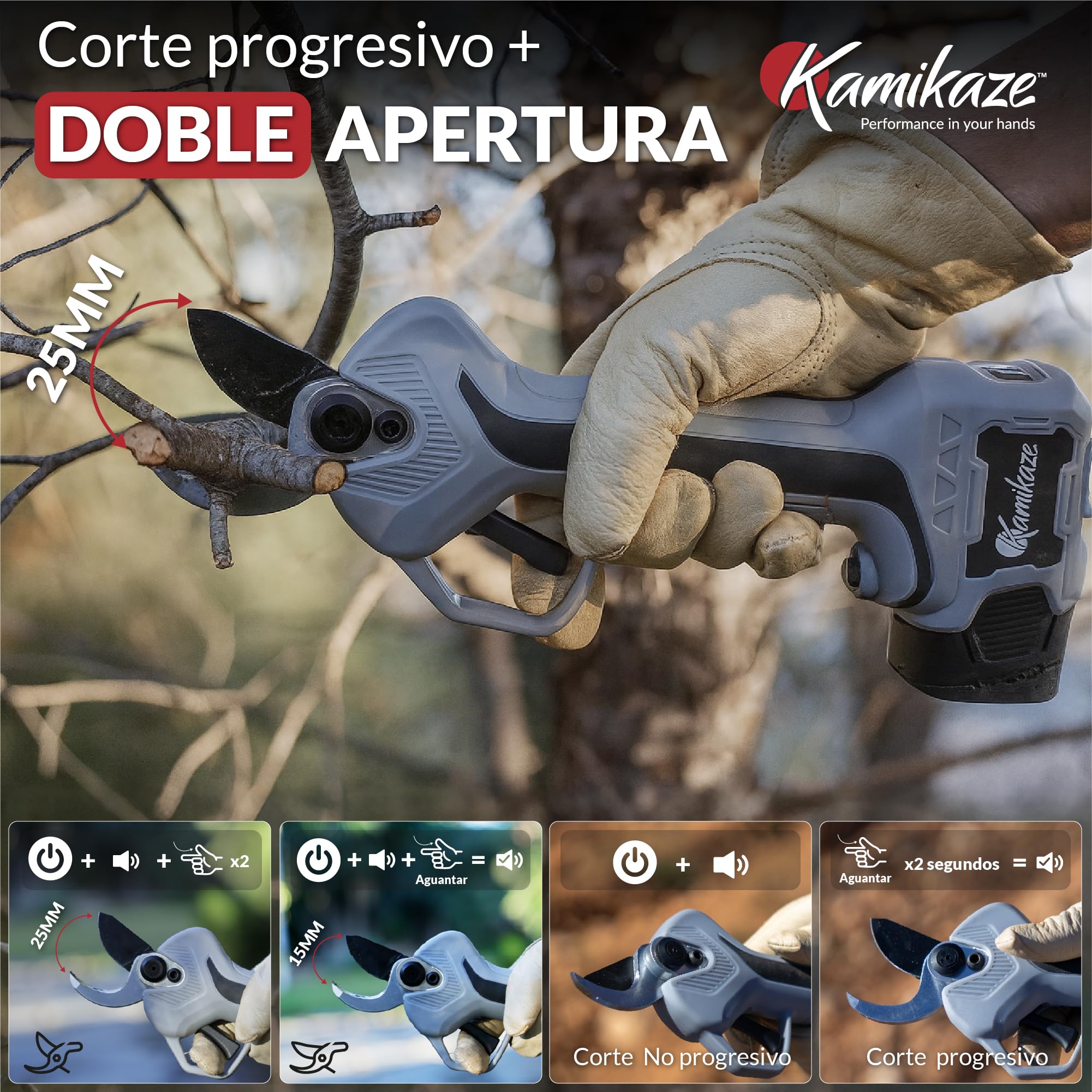 KAMIKAZE KV295 Tijera de Poda Eléctrica Profesional para Viña y Árboles Frutales, Corte 25 mm, 14,4V, 2,5Ah, Autonomía 6 Horas