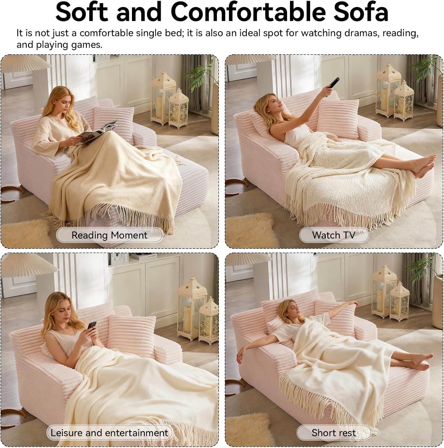 66" Oversized Lounge Chair Indoor, Corduroy Boneless Sofa Bed, Deep Seat Sleeper Couch for Living Room & Bedroom, Fluffy Cloud Loveseat, Reading & Relaxing Chair, No Assembly (Pink)