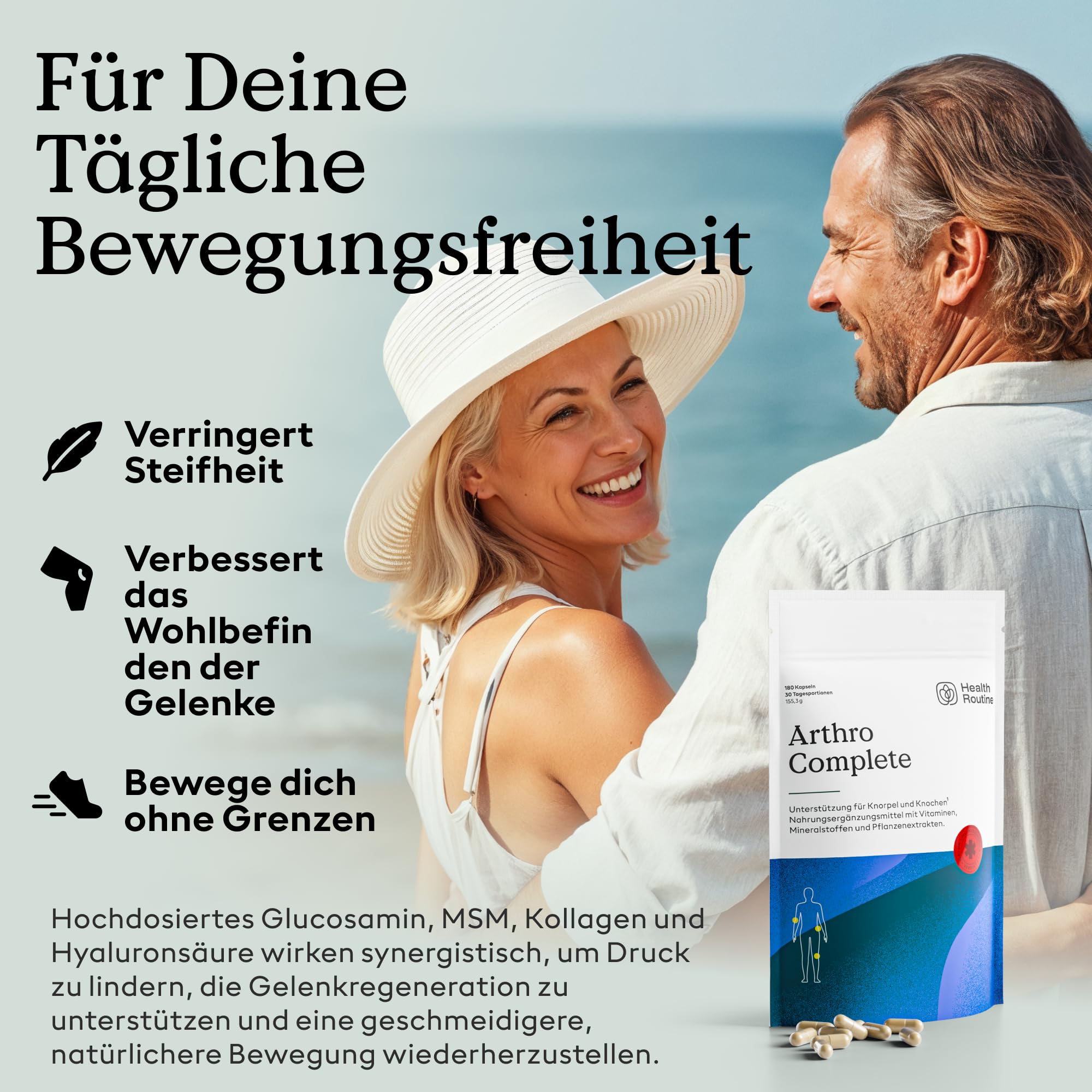Health Routine Arthro Complete – Glucosamin Chondroitin Hochdosiert – 1er Pack – MSM, Kollagen, Hyaluronsäure, Curcumin & Boswellia – Gelenkkapseln für Knorpelaufbau, Gelenke, Knochen & Beweglichkeit