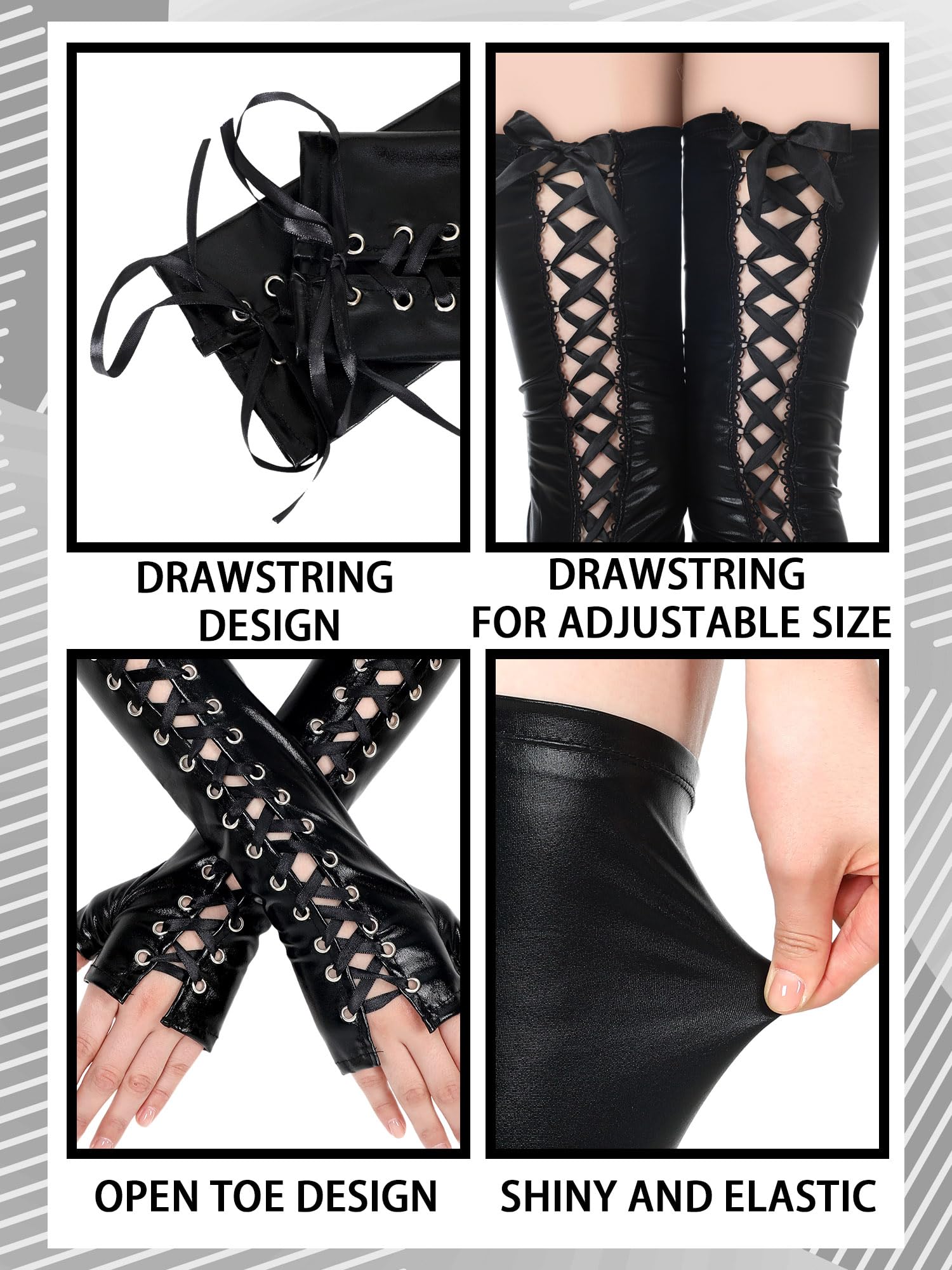 Fourluoo 2 Pcs Women's Wet Look Costume Set Include Shiny Fingerless Long Gloves Thigh High Stockings for Halloween Cosplay: Large-X-Large Black