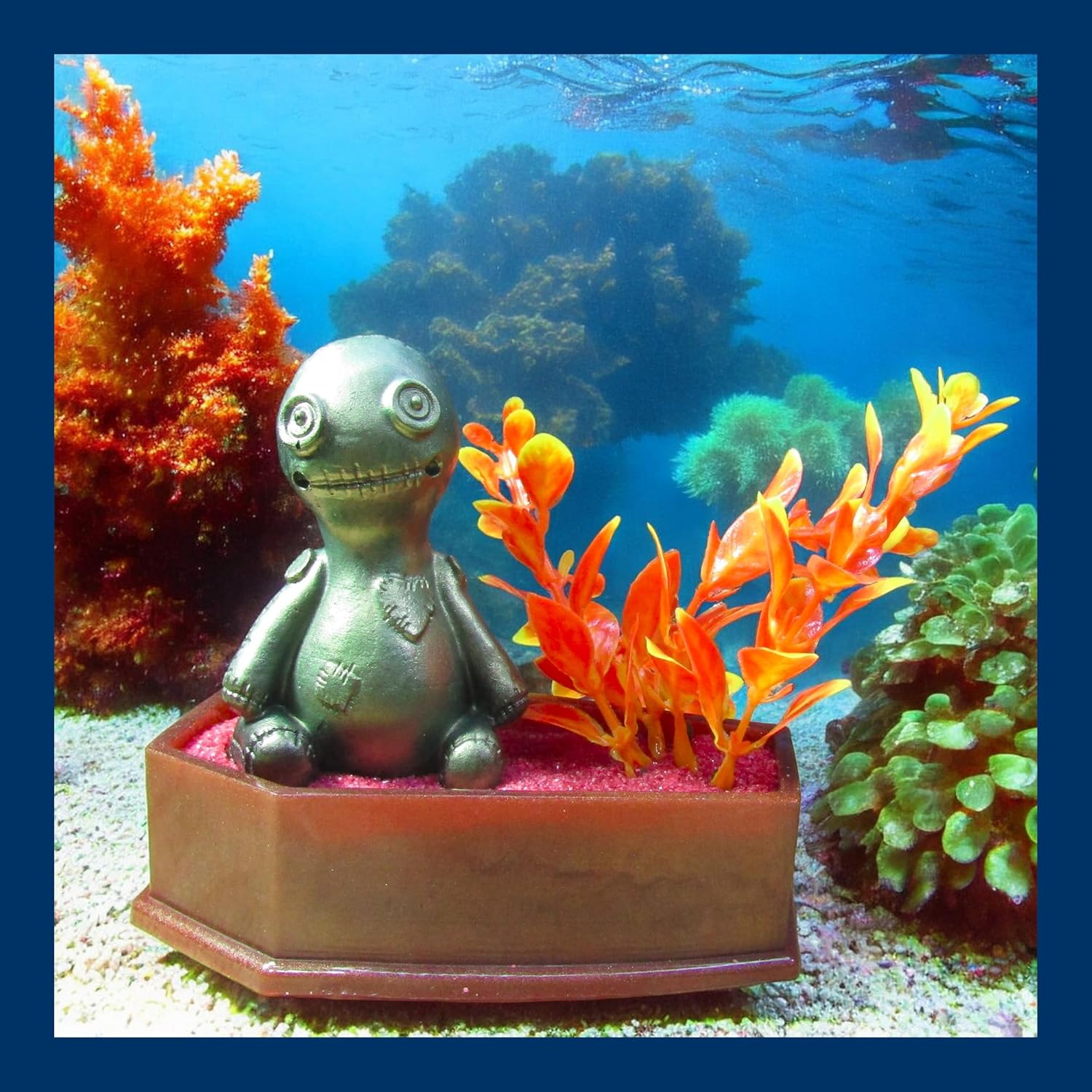 Handmade Voodoo Doll Coffin Aquarium Decoration with Artificial Plant. Gothic Halloween Fish Tank Decor Ornament.