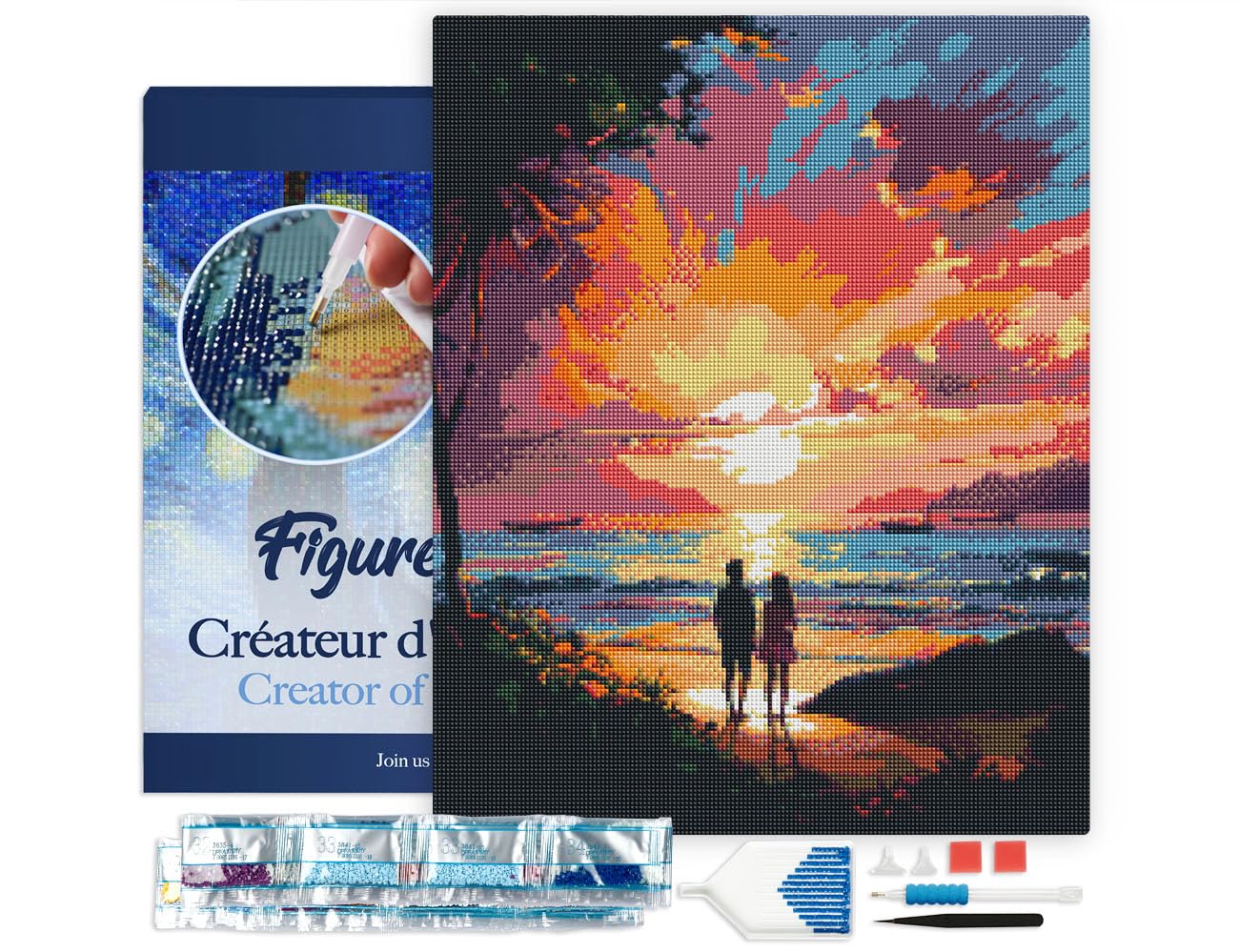Broderie Diamant sans Pli avec Cadre Figured’Art - Kit 5D Toile Tendue Strass Carrés Couple