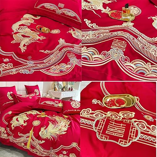 Miniatura 20 de Luxury Double Happiness Dragon and Phoenix Bird Embroidery Chinese Wedding Red Bedding Set King Queen Size 100% Cotton Embroider Red Wedding Duvet