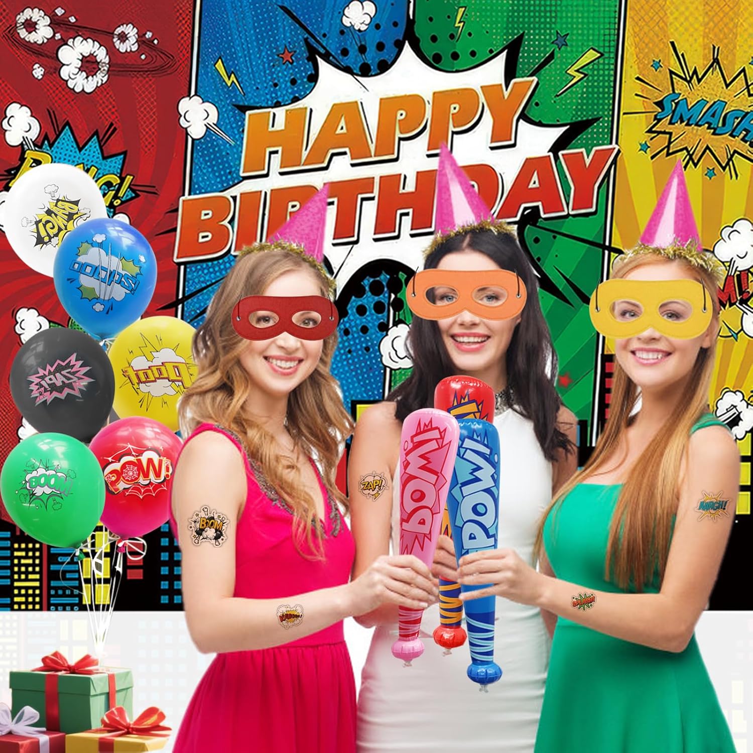 51 Pcs Hero Party Favors -Birthday Supplies Photography Backdrop Include Background, Masks , Pow Inflatable Baseball Bat 20Inch, Balloons,Tattoo Stickers, Hero Party Decorations