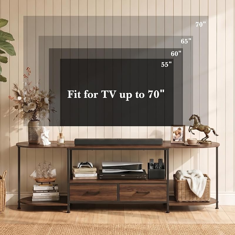 Faesun 63" TV Stand for TVs up to 75 Inches, Curved Edge Media Console & Entertainment Center with 2 Fabric Drawers, Modern TV Console Table for Living Room or Bedroom, Walnut image 4