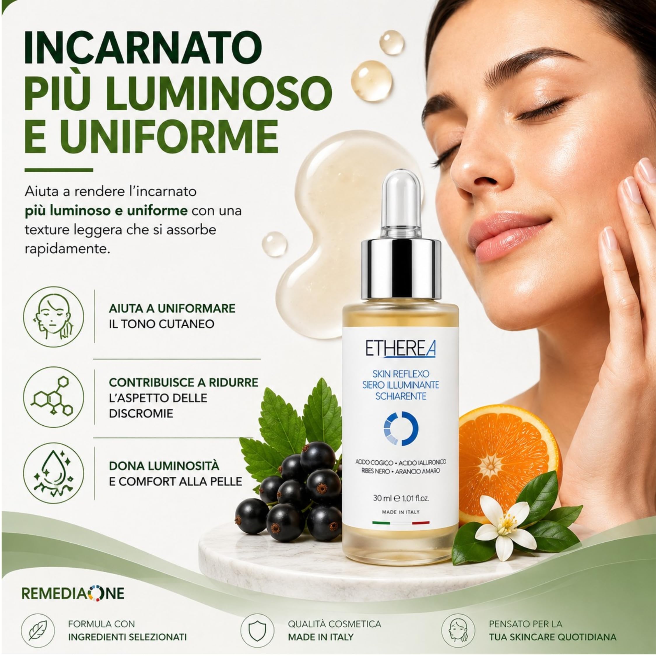 REMEDIA ONE Etherea Siero Viso Illuminante Schiarente Antimacchia, 30 ml | Illuminante Viso Antimacchia con Acido Cogico, Acido Ialuronico ed Estratti di Ribes Nero e Arancio Amaro, Nichel Tested